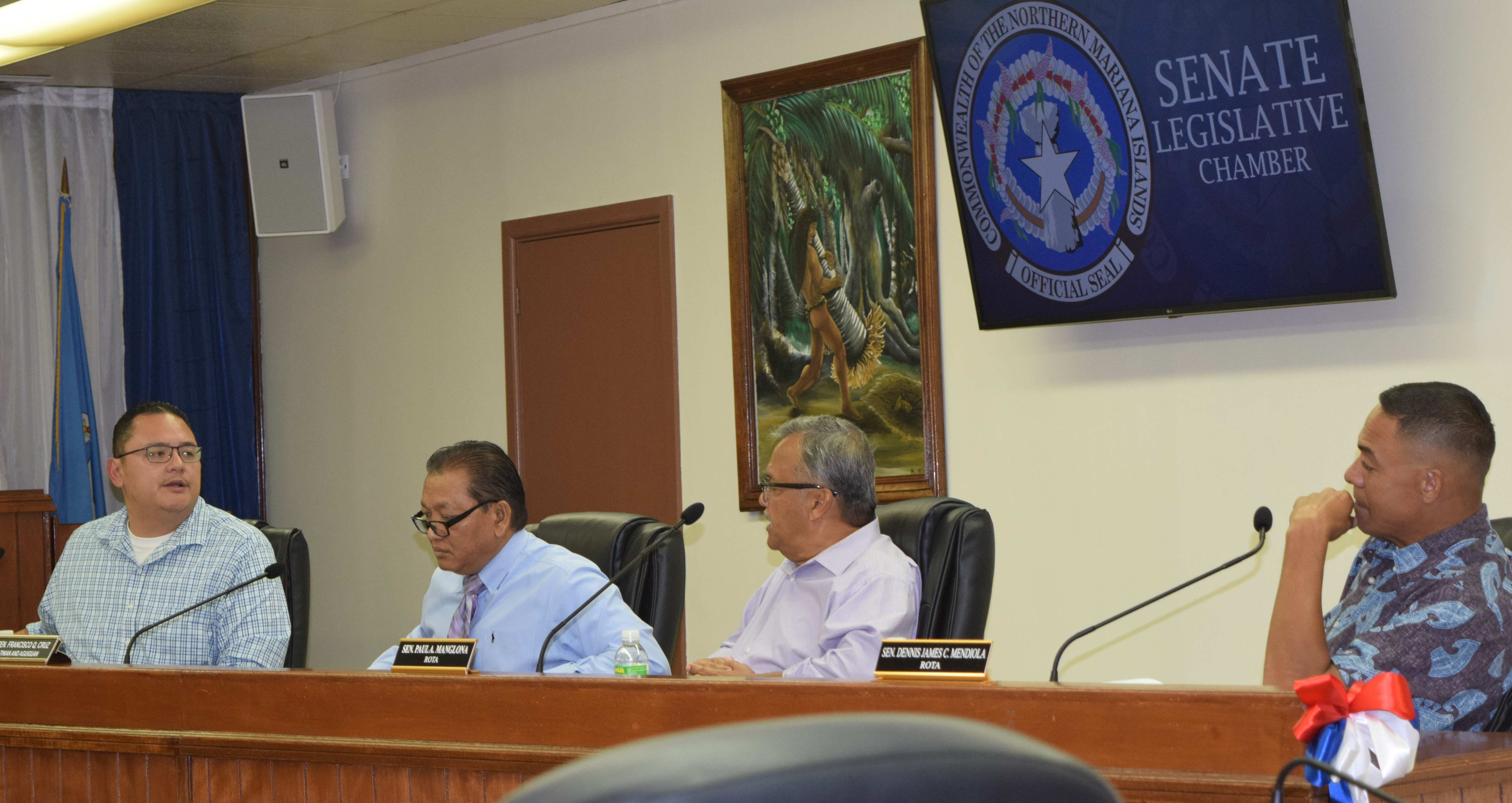 From left, Senate Vice President Donald M. Manglona, Sen. Paul A. Manglona, Sen. Frank Q. Cruz and Sen. Dennis Mendiola confer during a break from a Senate session on Monday.