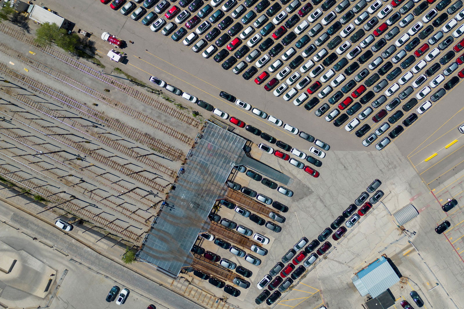 An aerial view shows recently manufactured vehicles at Ford's Oakville Assembly Plant in Oakville, Ontario, Canada, May 26, 2023.