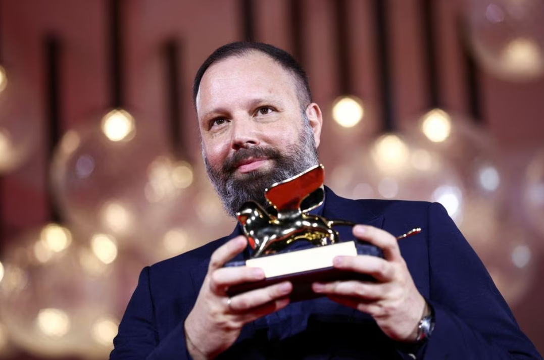 Director Yorgos Lanthimos poses with Golden Lion Award for Best Film for the movie “Poor Things” during the awards ceremony of the 80th Venice Film Festival in Venice, Italy, Sept. 9, 2023.