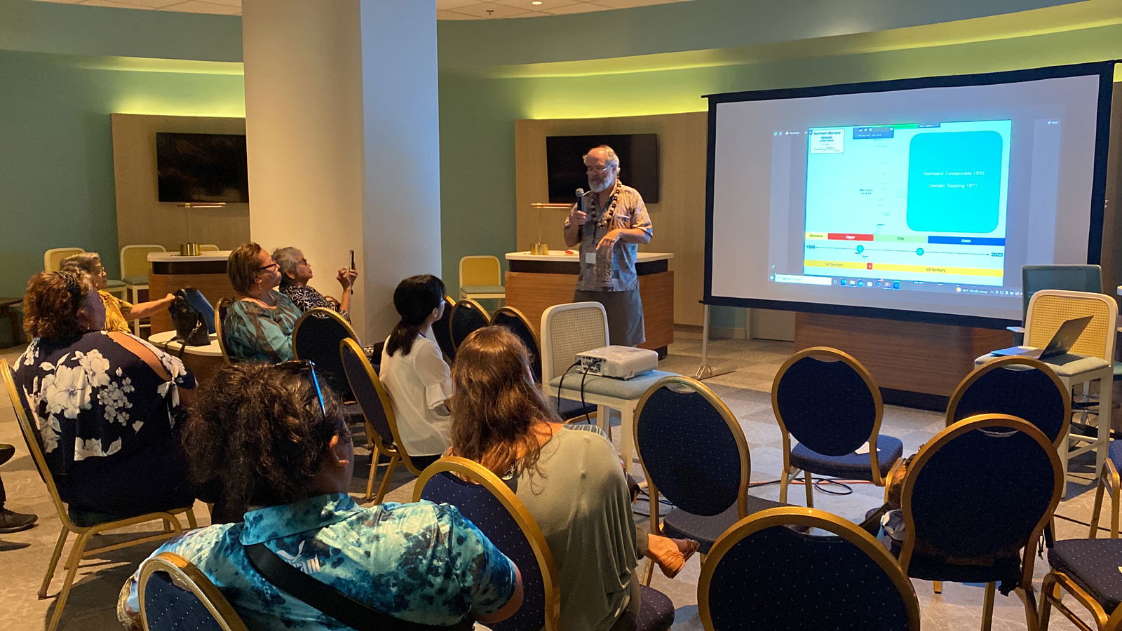 In the Crowne Plaza Tour Desk Room, Dr. Gerhard Scwab, a University of Guam professor of social work, presents research that he and Manny Borja of Saipan undertook regarding the orthographies of Saipan and Guam.