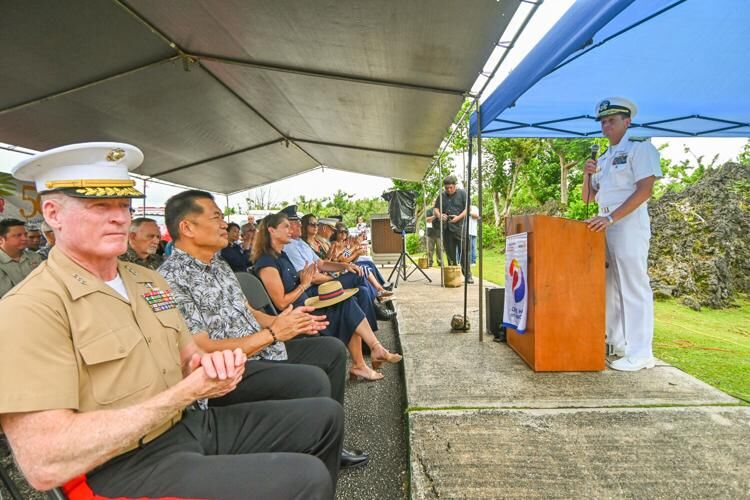 Rear Adm. Gregory Huffman, right, was the keynote speaker at the Peace Ceremony & Tribute in remembrance of Sept. 11 Monday Sept. 11, 2023 in Harmon.