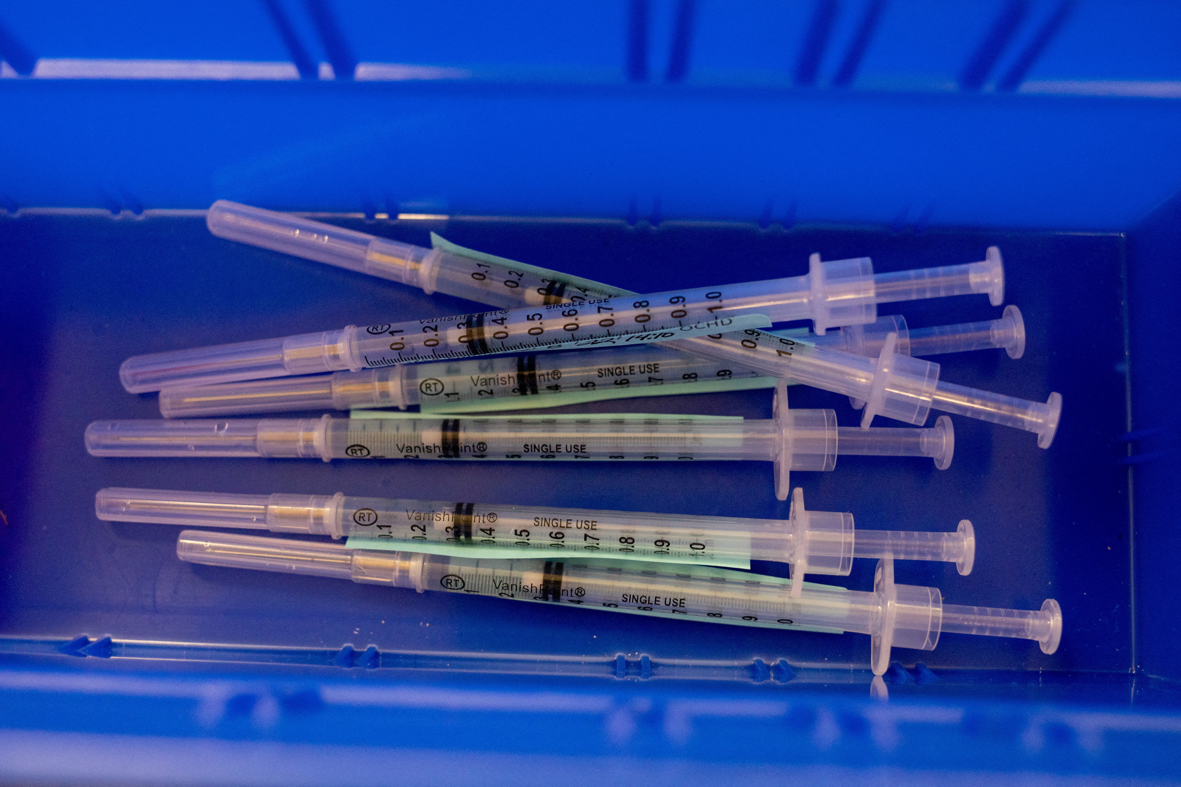 Syringes ready to be administrated to residents who are over 50 years old and immunocompromised and are eligible to receive their second booster shots of the coronavirus disease (COVID-19) vaccines are seen in Waterford, Michigan, U.S., April 8, 2022. 