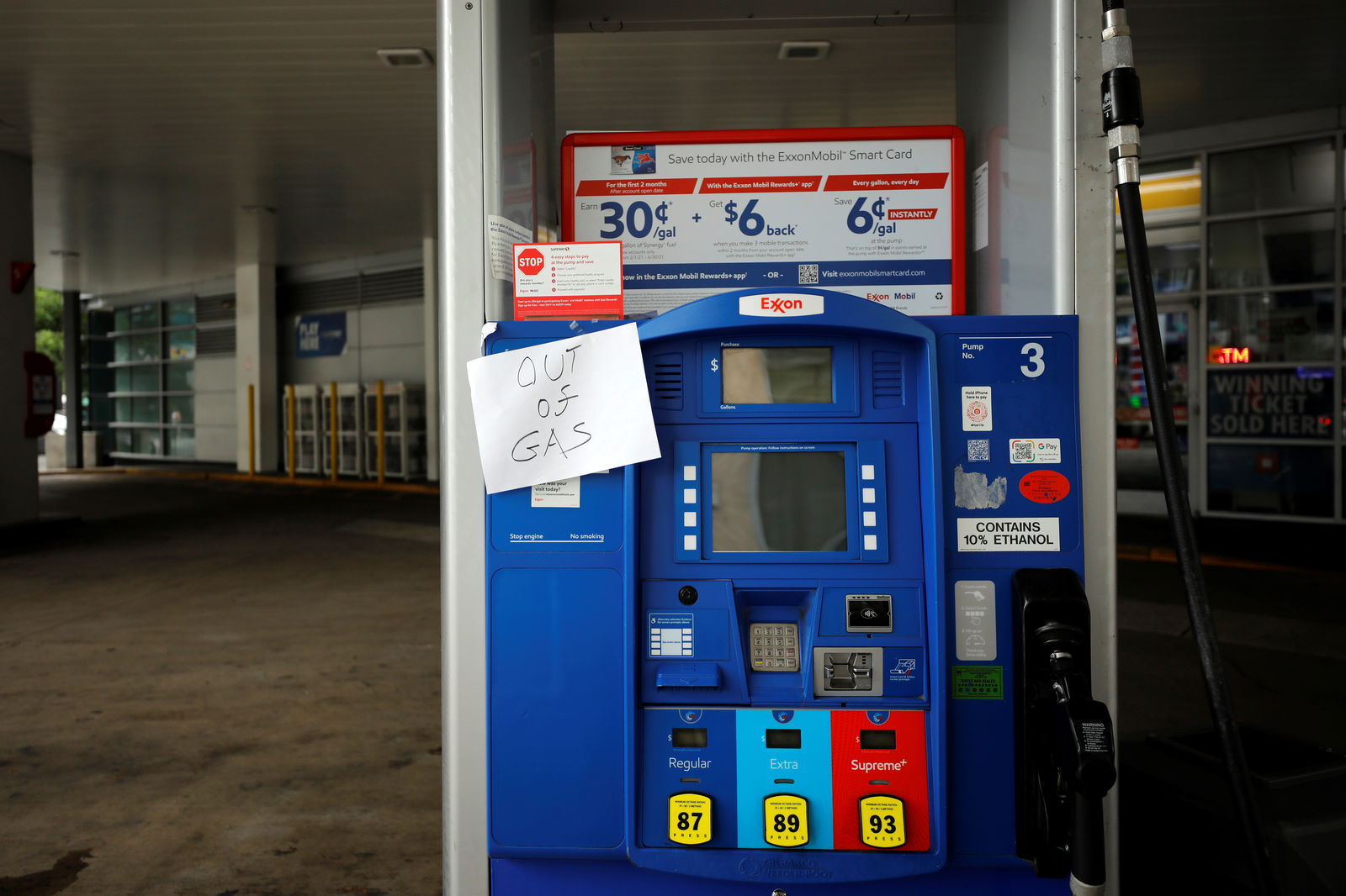 An Exxon station is seen out of gas after a cyberattack crippled the biggest fuel pipeline in the country, run by Colonial Pipeline, in Washington, U.S., May 15, 2021. 