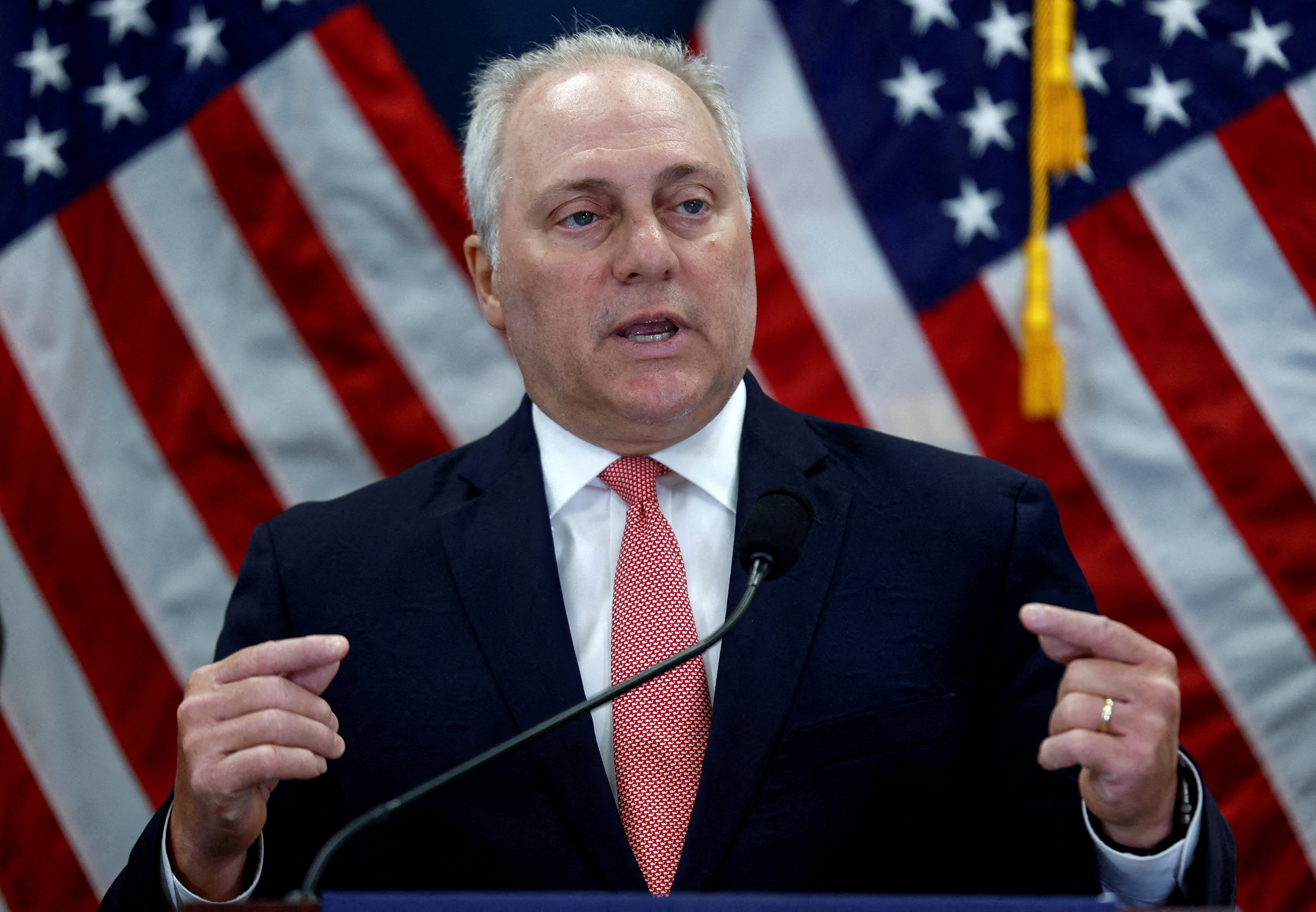 U.S. House Majority leader Steve Scalise (R-LA) speaks during a press conference following a Republican conference meeting on Capitol Hill in Washington, U.S., July 12, 2023. REUTERS/Evelyn Hockstein/File Photo