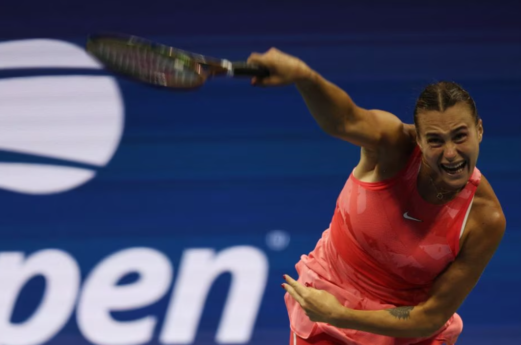 Belarus' Aryna Sabalenka in action during her final match against Coco Gauff of the U.S. in the U.S. Open at Flushing Meadows in New York, Sept. 9, 2023.