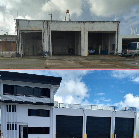 Tinian Airport Aircraft Rescue and Fire Fighting Building before (photo above) and after (photo below) the completion of the federally funded renovation project.