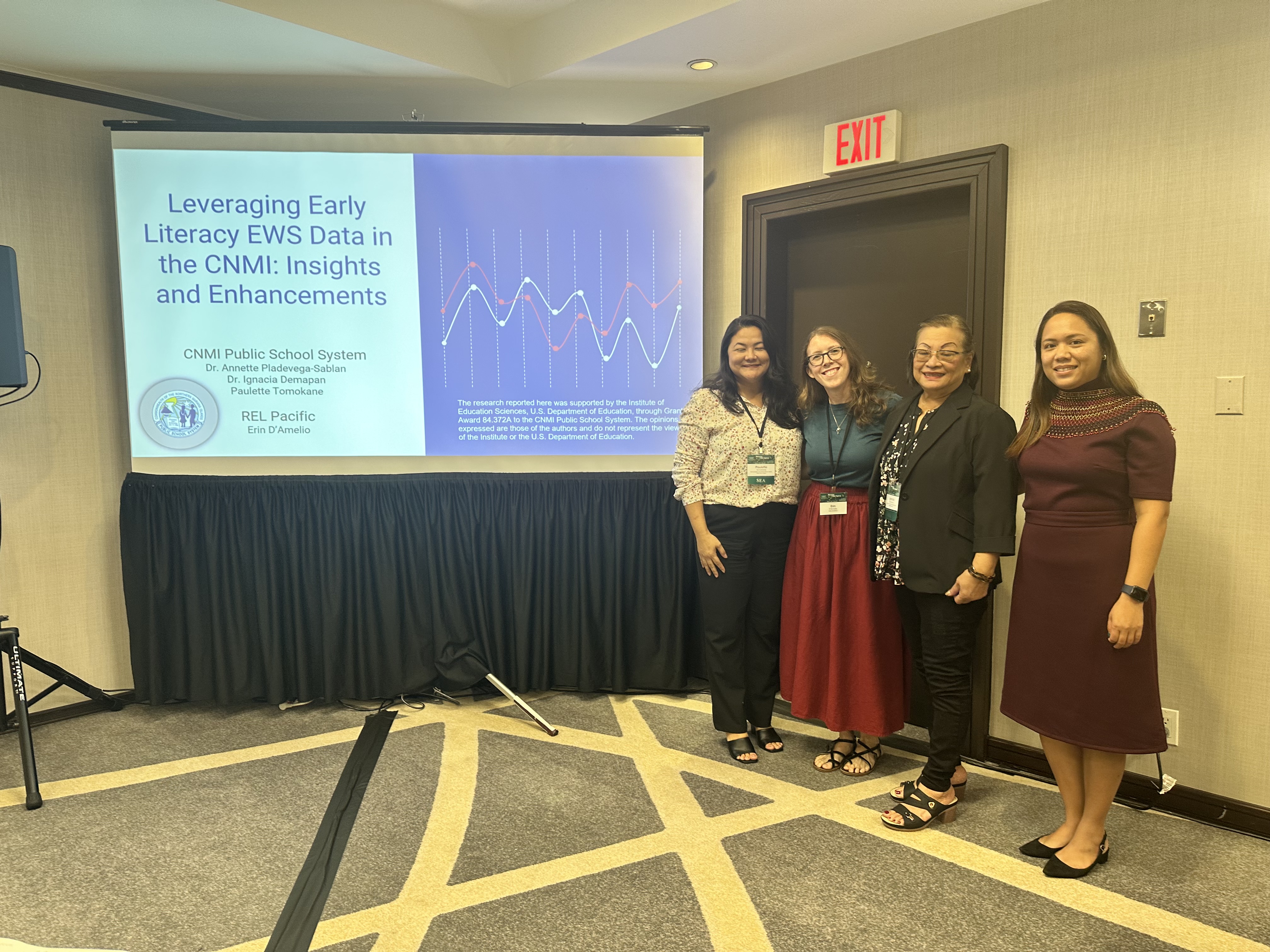 San Vicente Elementary School Principal Paulette Tomokane, Erin D'Amelio of Regional Educational Laboratory Pacific, Kagman Elementary School Principal Dr. Ignacaia Demapan, and Dr. Annette Pladevega-Sablan at the National Center for Education Statistics STATS-DC conference in Bethesda, Md.