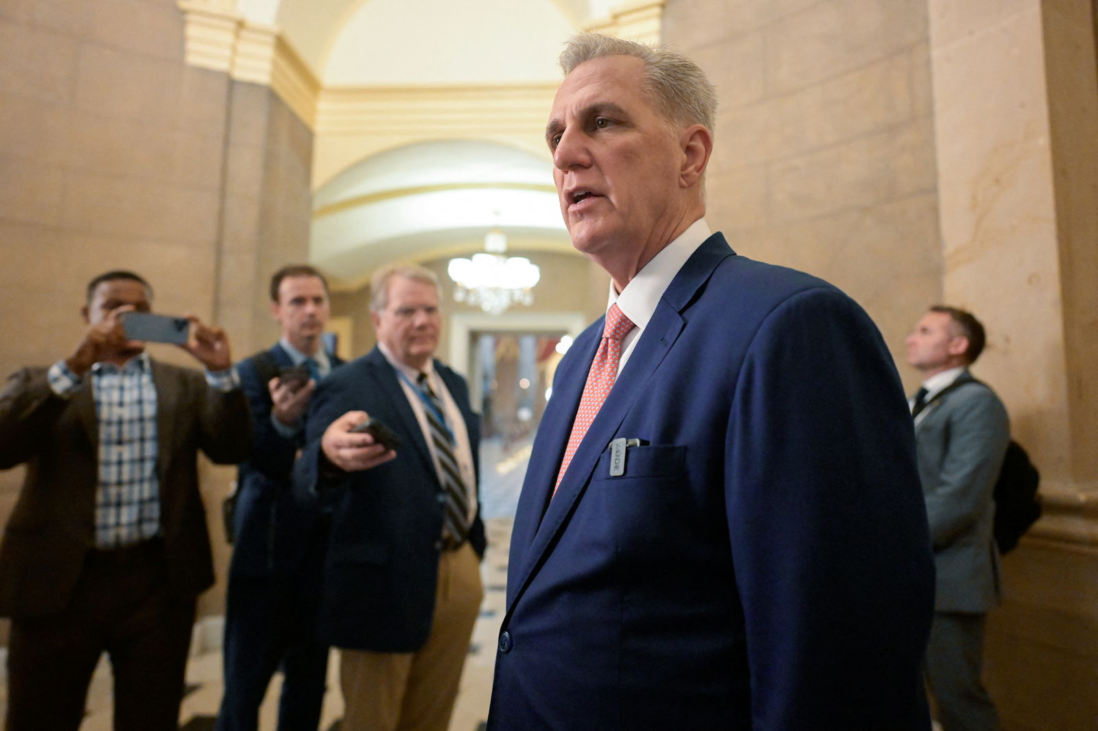 U.S. House Speaker Kevin McCarthy (R-CA) speaks with reporters as the deadline to avert a partial government shutdown approaches on Capitol Hill in Washington, U.S., September 28, 2023. 