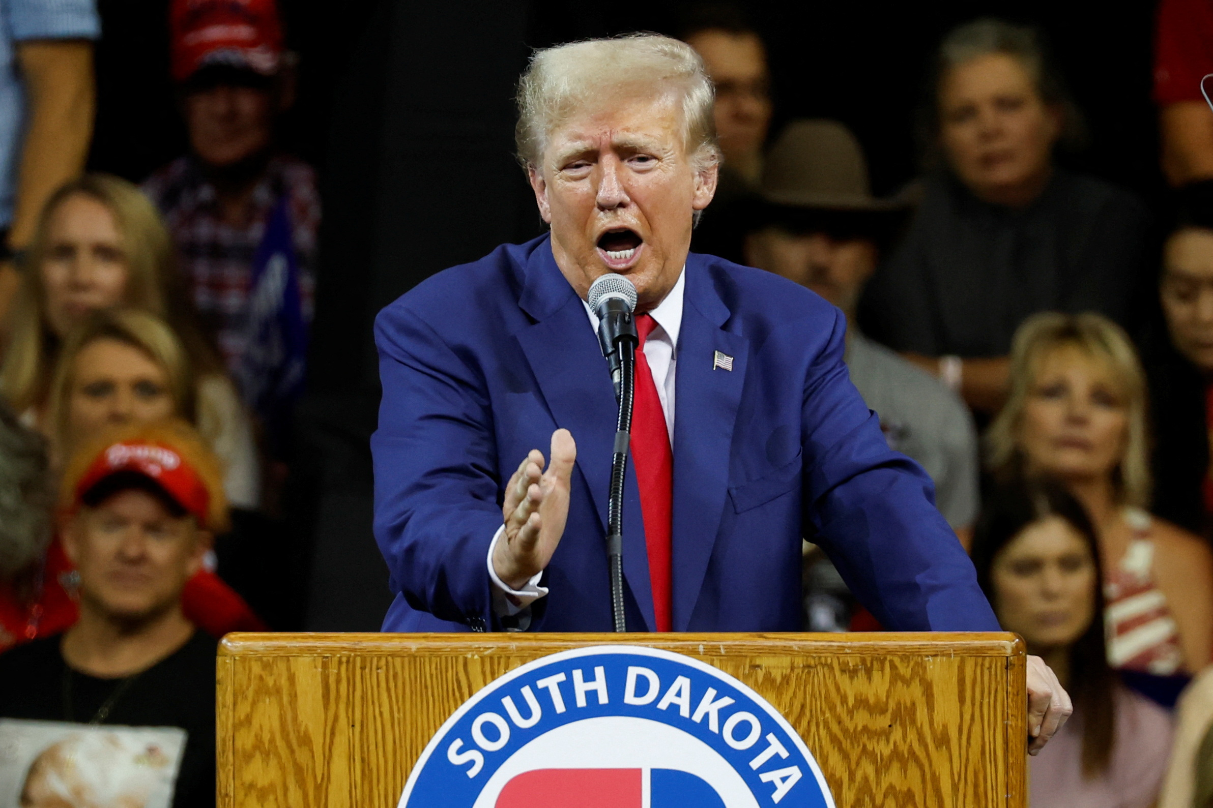 Former U.S. President and Republican presidential candidate Donald Trump speaks at a South Dakota Republican party rally in Rapid City, South Dakota, U.S. September 8, 2023. REUTERS/Jonathan Ernst