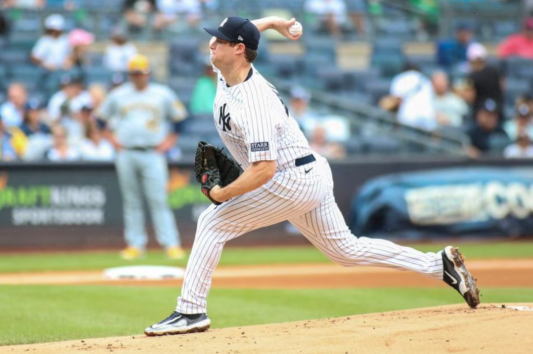New York Yankees starting pitcher Gerrit Cole (45) pitches in the first inning against the Milwaukee Brewers at Yankee Stadium in the Bronx, New York, Sept. 10, 2023.