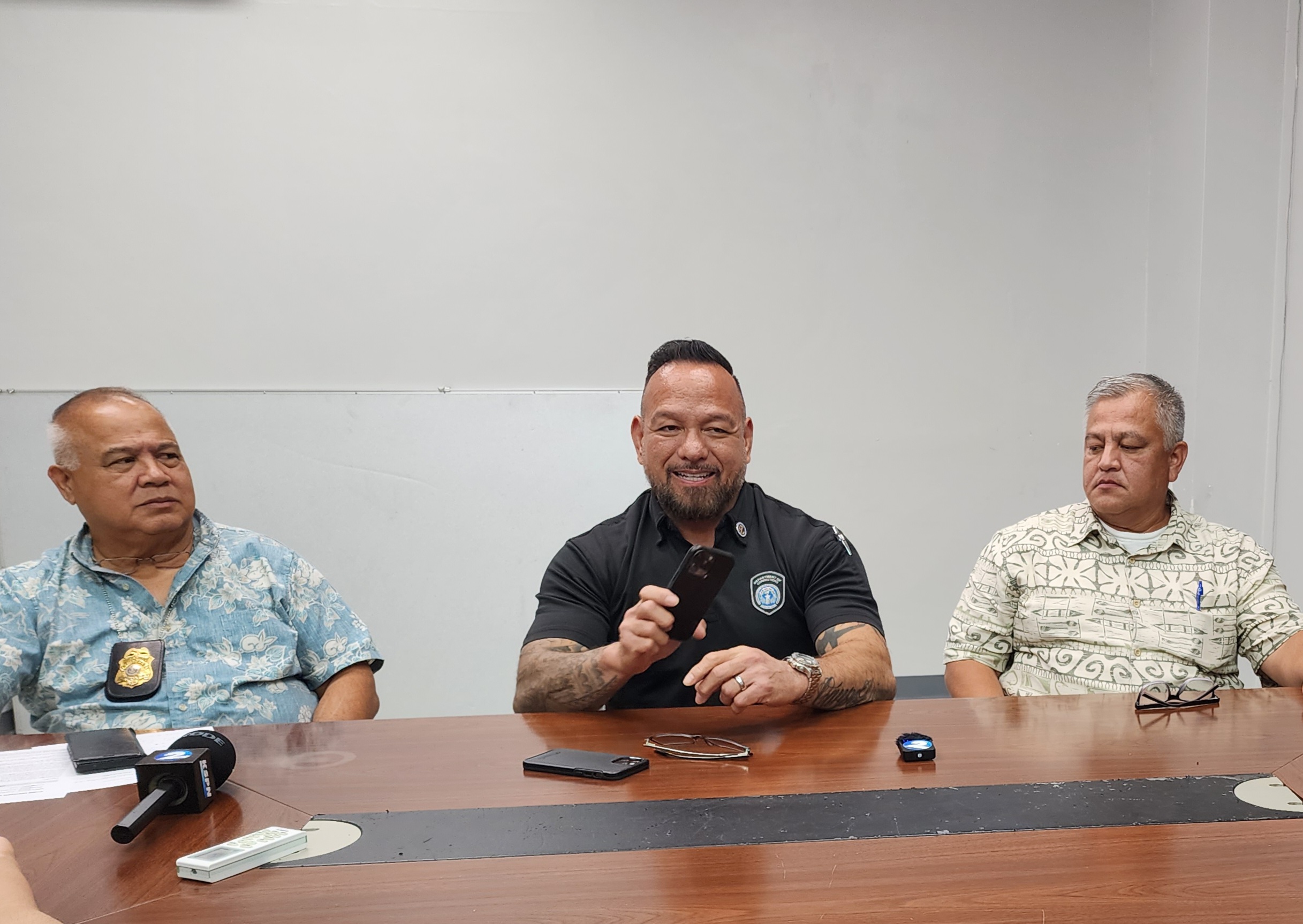 Customs Director Jose C. Mafnas, left, with Corrections Commissioner Anthony Torres, center, and Homeland Security Investigations Special Agent John Duenas at a press conference on Thursday.