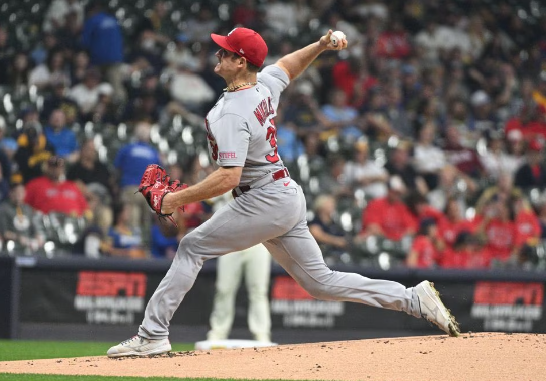 St. Louis Cardinals starting pitcher Miles Mikolas (39) delivers a pitch against the Milwaukee Brewers in the first inning at American Family Field in Milwaukee, Wisconsin, Sept. 26, 2023.