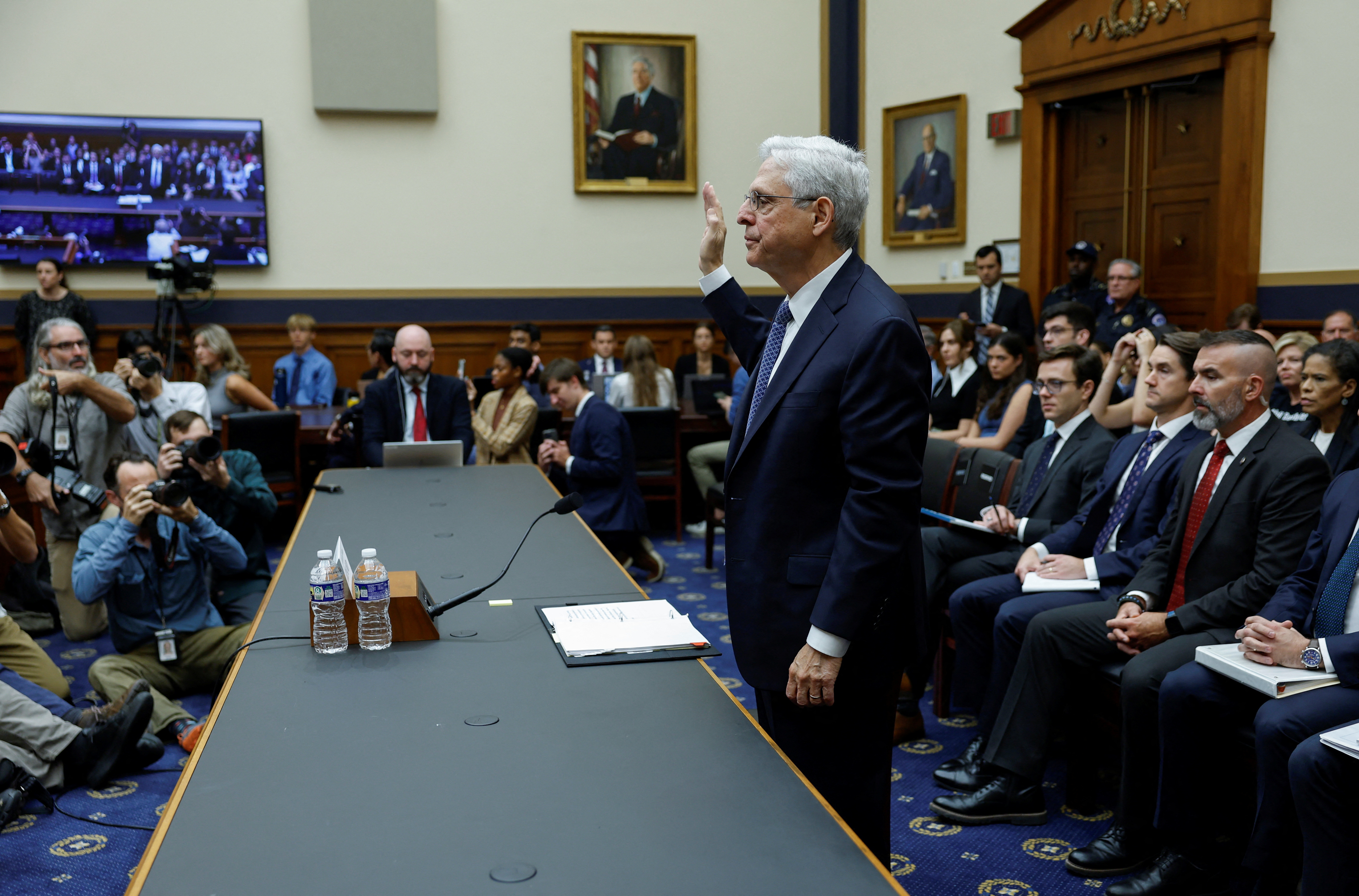 U.S. Attorney General Merrick Garland is sworn in to testify before a House Judiciary Committee hearing on the "Oversight of the U.S. Department of Justice" on Capitol Hill in Washington, U.S., September 20, 2023. 