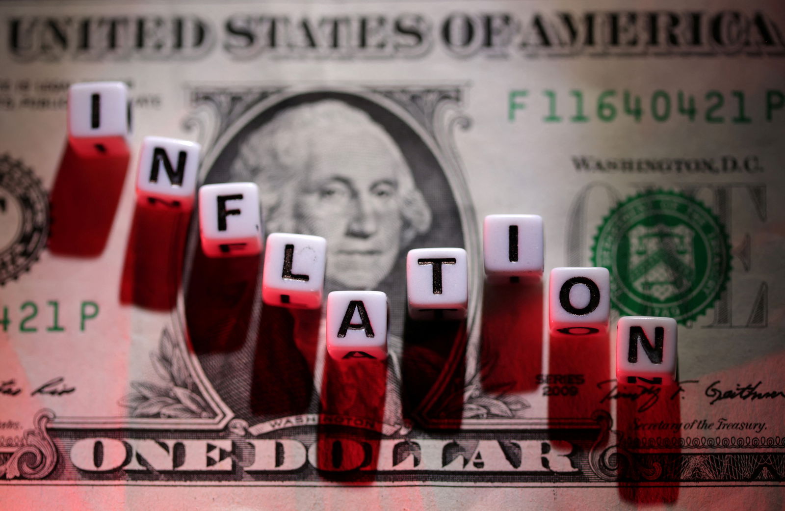 Plastic letters arranged to read "Inflation" are placed on U.S. Dollar banknote in this illustration taken, June 12, 2022. REUTERS/Dado Ruvic/Illustration