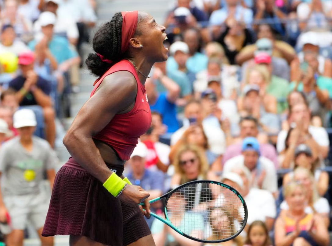 Coco Gauff of the U.S. reacts after beating Caroline Wozniacki of Denmark on day seven of the 2023 U.S. Open tennis tournament at USTA Billie Jean King National Tennis Center in Flushing, NY, Sept. 3, 2023.