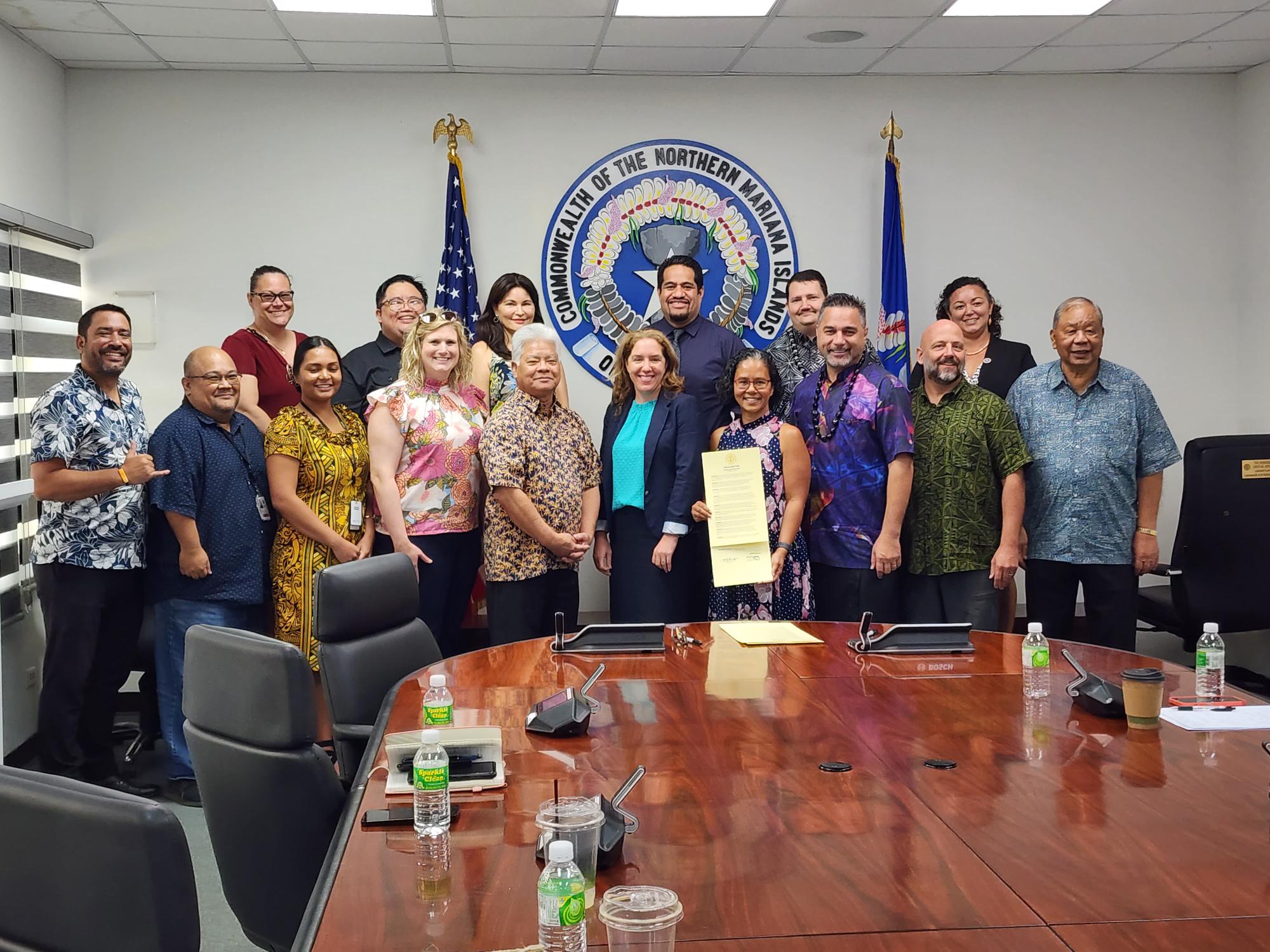 National Telecommunications and Information Administration Broadband Equity, Access and Deployment or BEAD Program officials and regional broadband program officials pose for a photo with Gov. Arnold I. Palacios and Lt. Gov. David M. Apatang during a proclamation signing ceremony for Digital Inclusion Week on Monday at the administration building.            