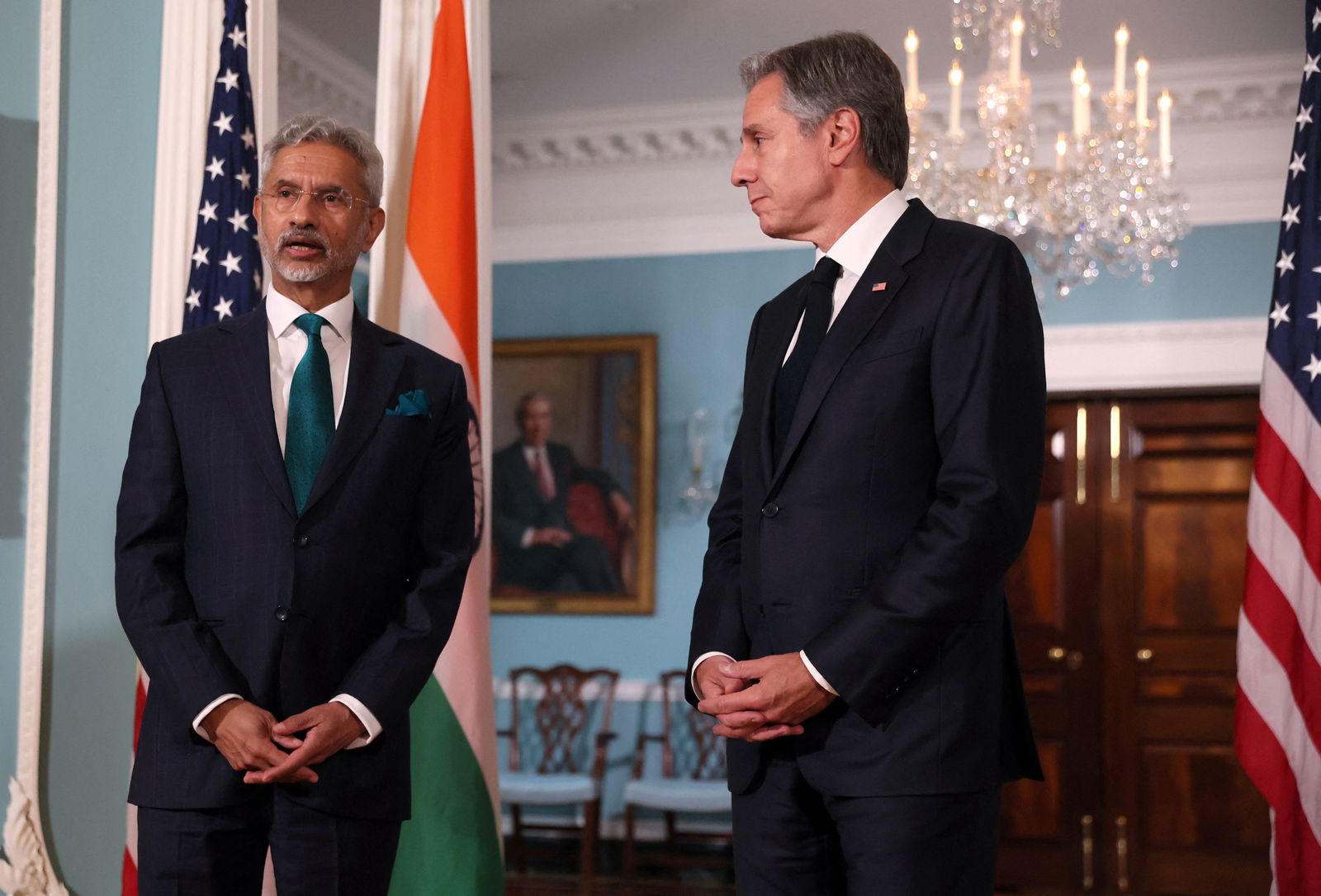 U.S. Secretary of State Antony Blinken and India's External Affairs Minister Subrahmanyam Jaishankar say a few words to the media as they meet at the State Department in Washington, U.S., September 28, 2023. 