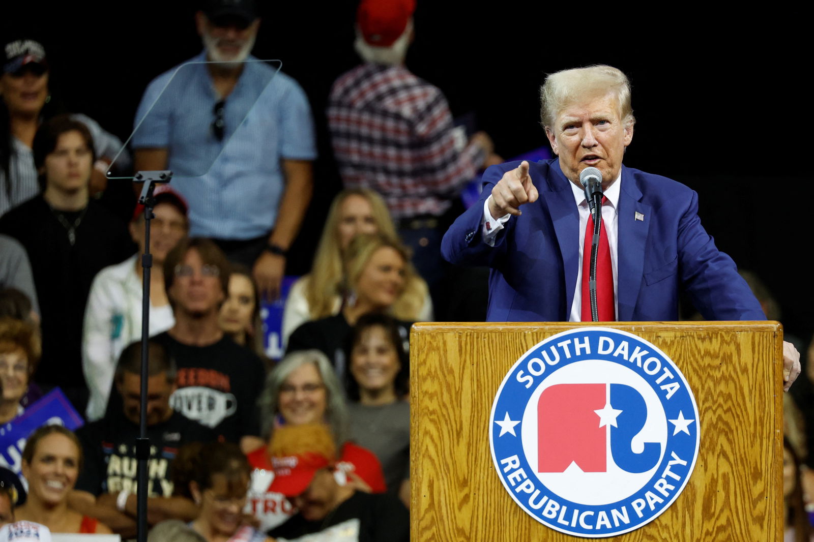 Former U.S. President and Republican presidential candidate Donald Trump speaks at a South Dakota Republican party rally in Rapid City, South Dakota, U.S. September 8, 2023. 
