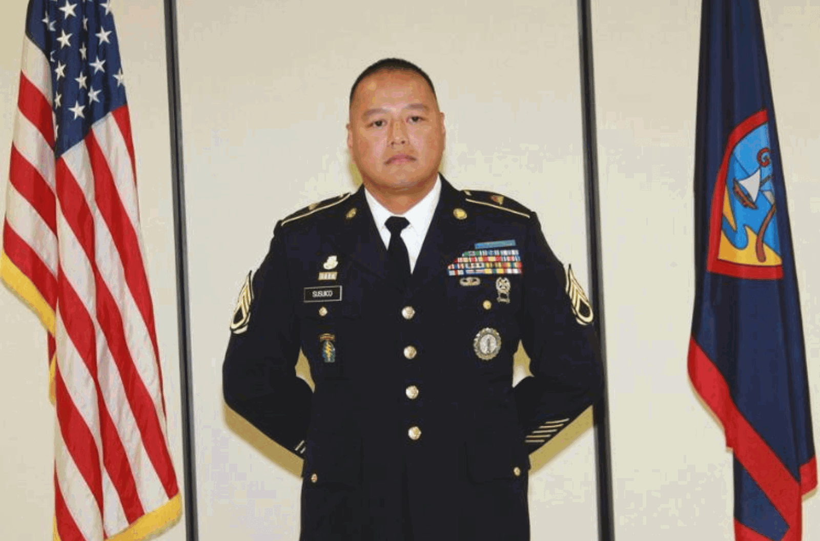 Sgt. 1st Class Jason Susuico of the Guam Army National Guard Recruiting and Retention Battalion during a promotion ceremony in 2014. Susuico's death is the focus of an ongoing murder case.