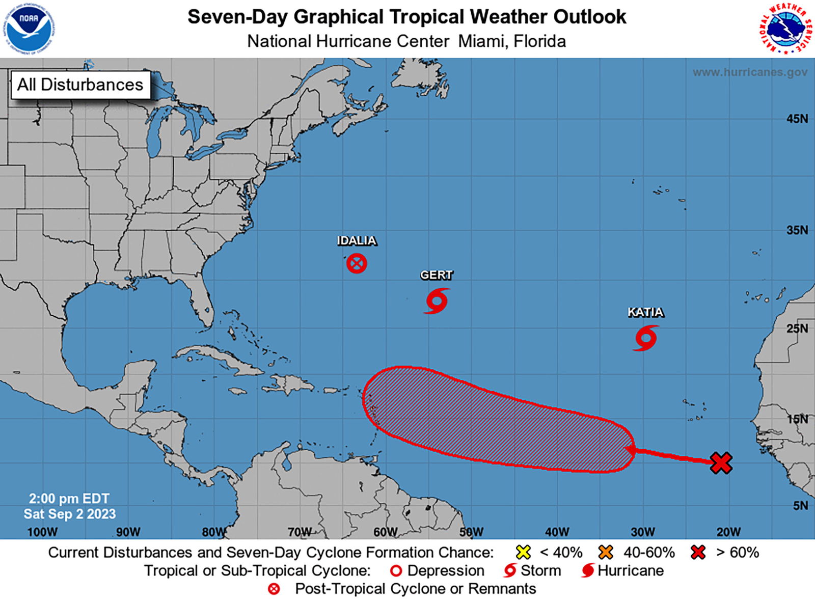 The tropical outlook as of 2 p.m. EDT on Saturday, Sept. 2, 2023. (National Hurricane Center/TNS)