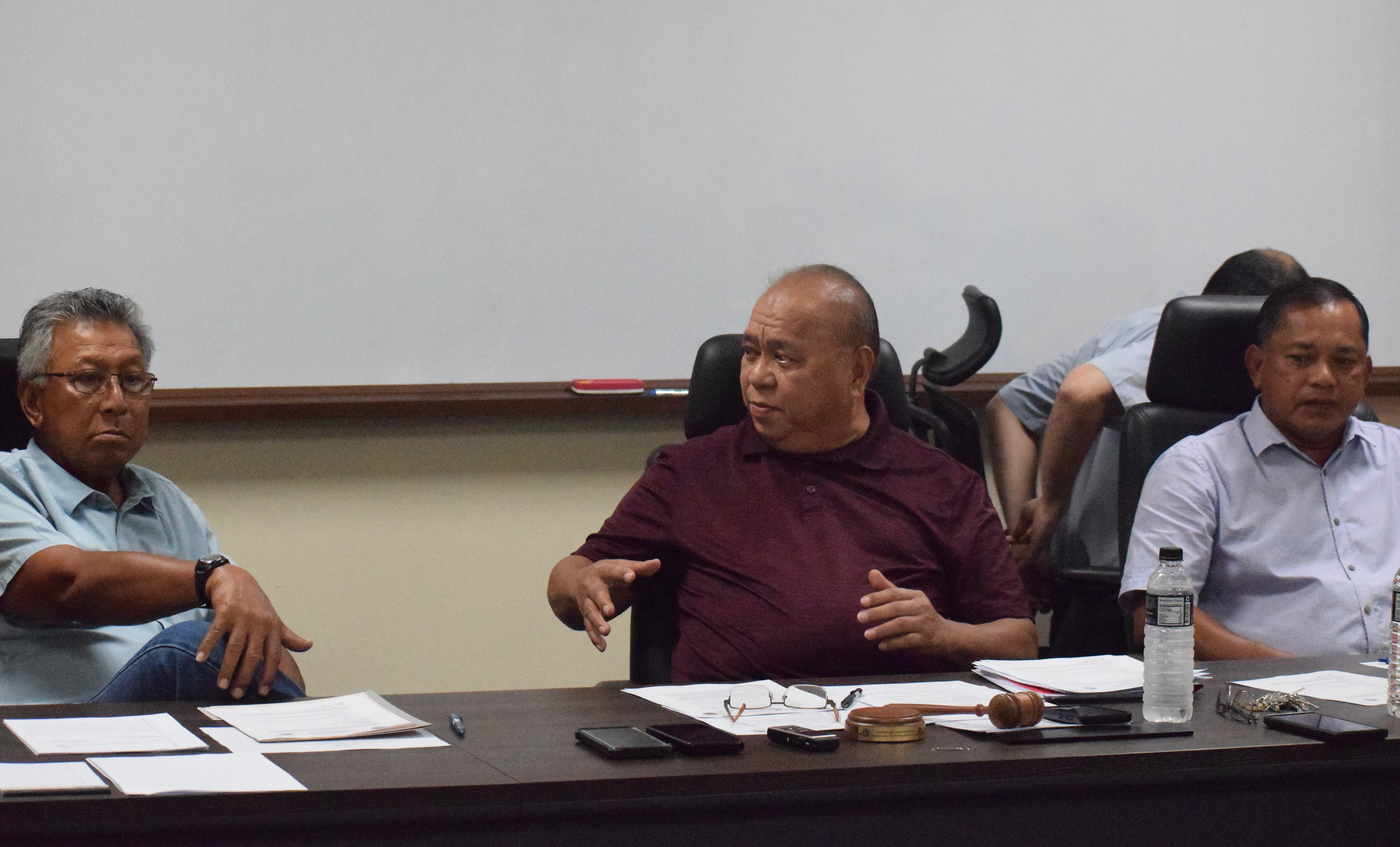 Commonwealth Casino Commission Chairman Edward C. Deleon Guerrero, center, with Vice Chairman Ralph S. Demapan, right, and Commissioner Mario Taitano during a meeting on Thursday.