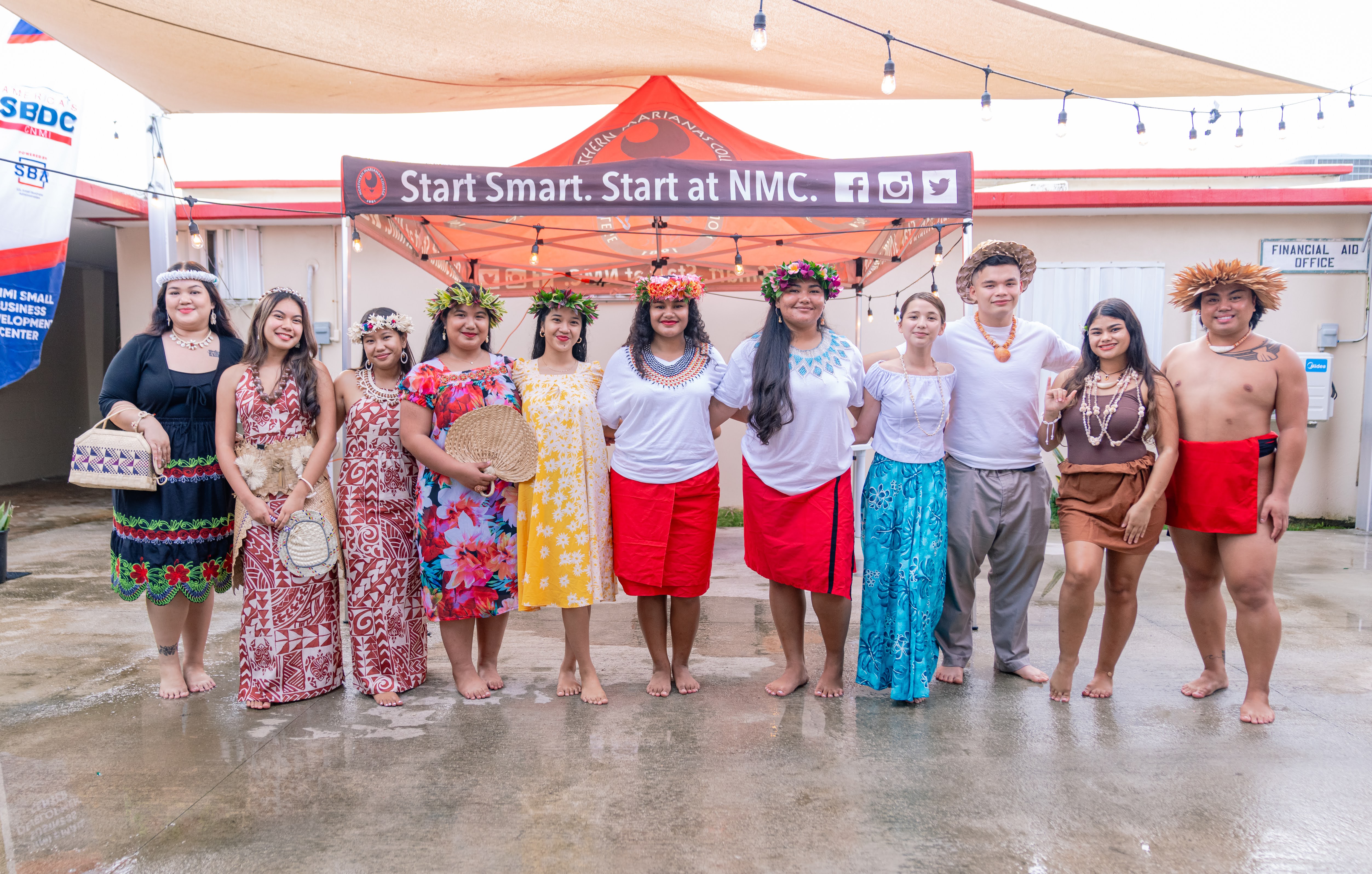 NMC students wear traditional cultural attire from across Micronesia (Chamorro, Refaluwasch, Chuukese, Marshallese, and Pohnpeian), pose for a group photo to conclude the Cultural Fashion Show.