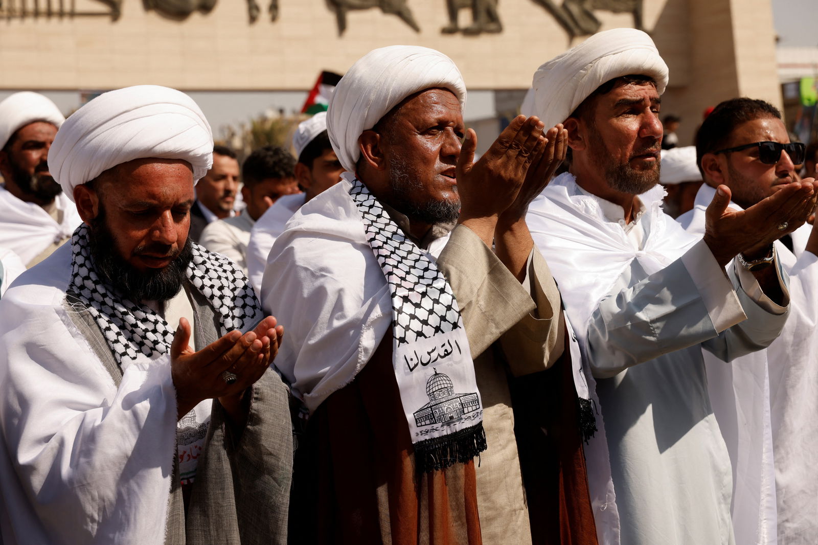 Supporters of Iraqi Shi'ite cleric Moqtada al-Sadr gather for mass Friday prayer during a protest in solidarity with Palestinians in Gaza, in Baghdad, Iraq, October 13, 2023. REUTERS/Saba Kareem