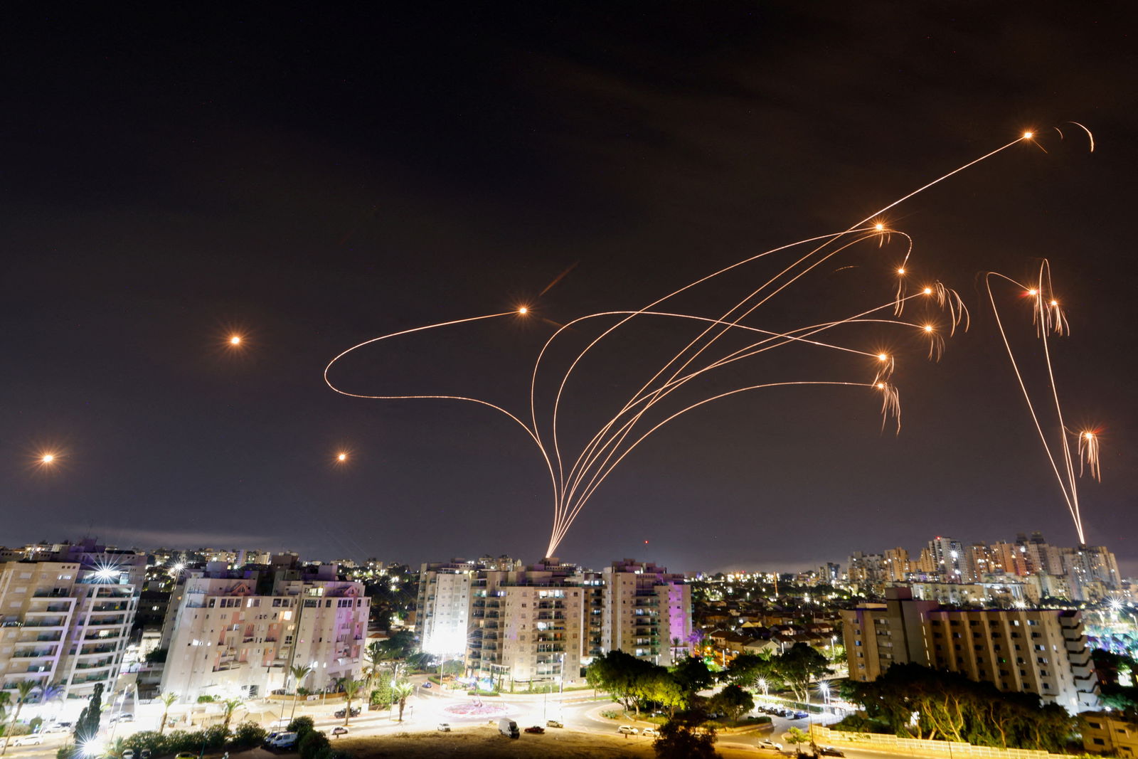 Israel's Iron Dome anti-missile system intercepts rockets launched from the Gaza Strip, as seen from the city of Ashkelon, Israel October 9, 2023. 