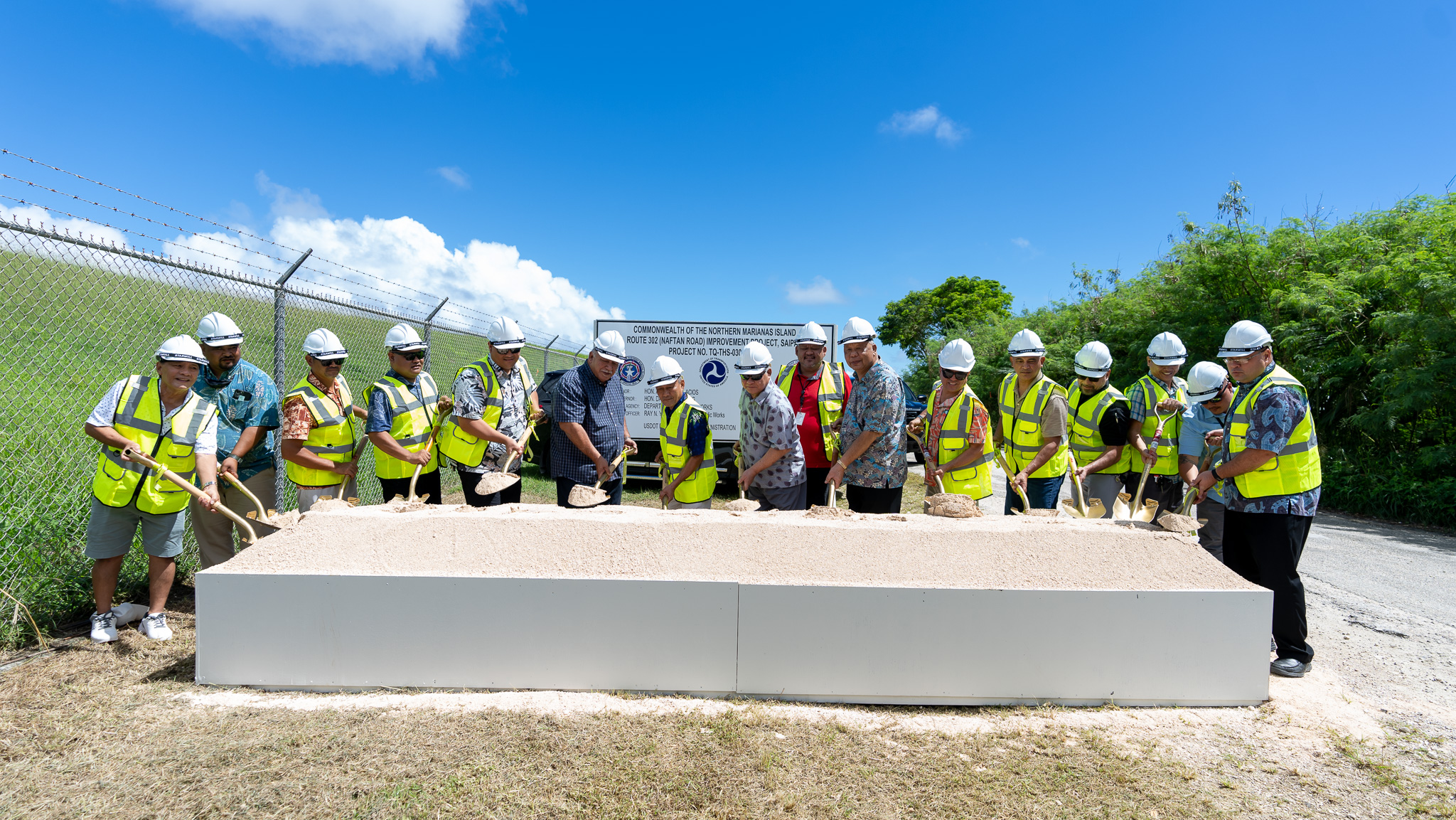The Department of Public works broke ground on Friday, Oct. 27, 2023 for the Route 302 and 304 Naftan Road Improvement Project. The project, which is funded by The U.S. Department of Transportation’s Federal Highway Administration, involves the improvement of the existing coral road to include a two-lane paved road with a shoulder/bike lane, drainage system, pavement markings and traffic signs. In  photo, with lawmakers and  DPW officials led by DPW Secretary Ray Yumul, are Gov. Arnold I. Palacios and Lt. Gov. David M. Apatang.