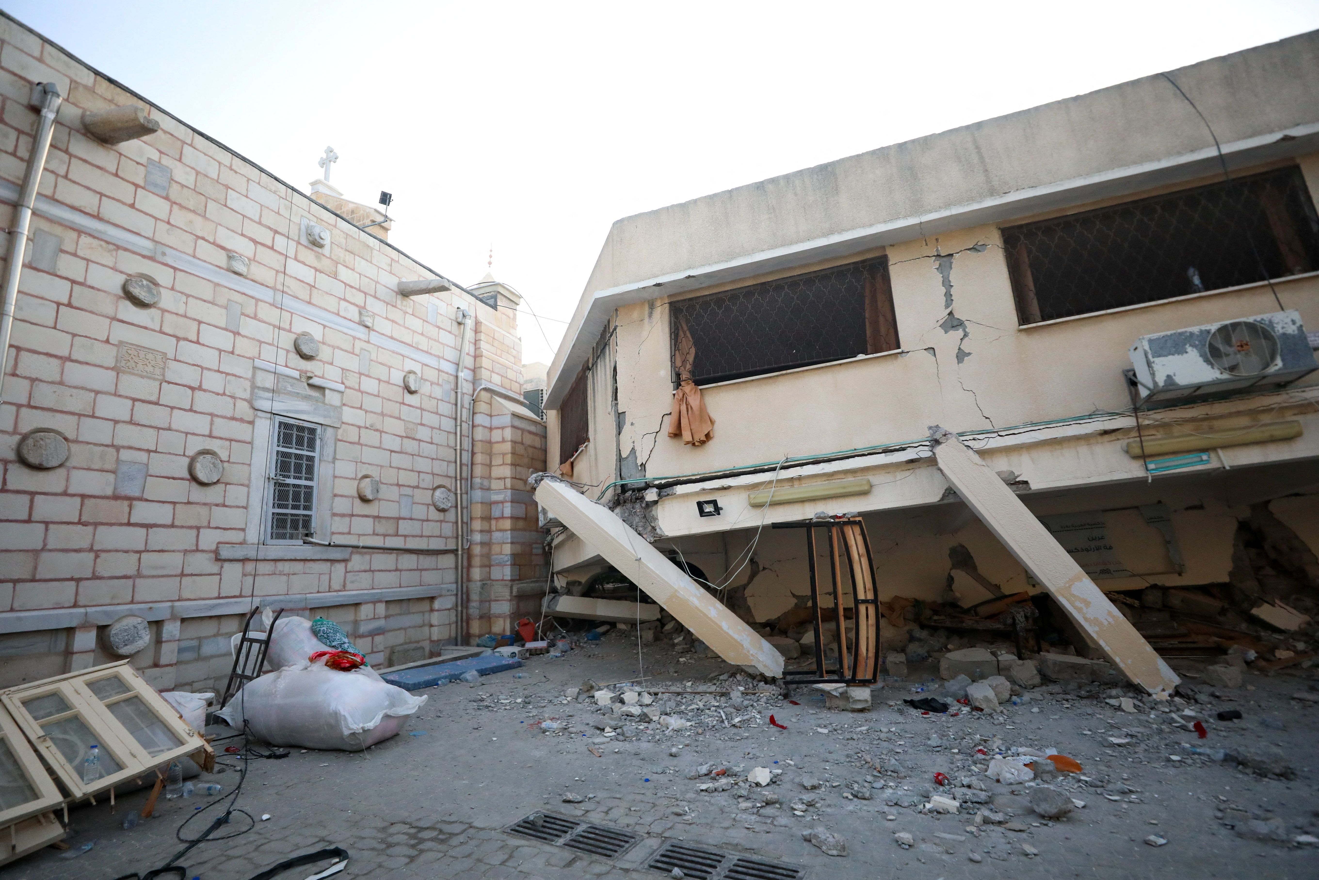 A general view at the Greek Orthodox Saint Porphyrius Church which was damaged by an Israeli strike, where Palestinians who fled their homes take shelter, in Gaza City, October 20, 2023. 
