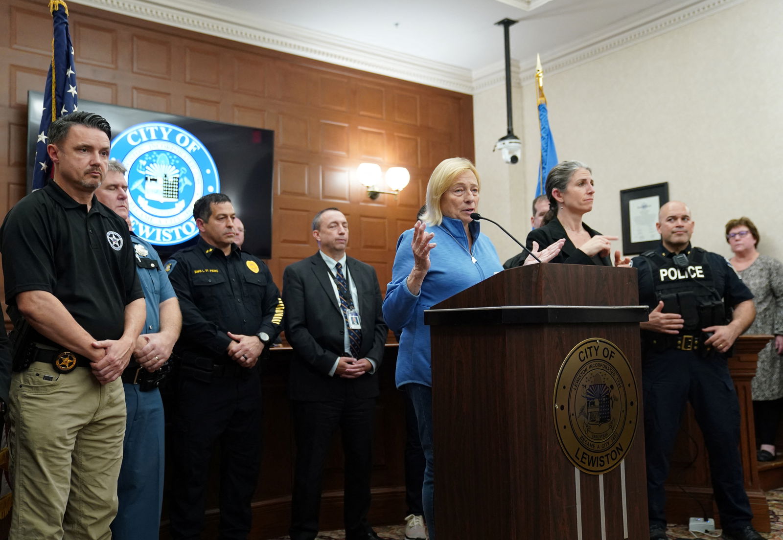 Maine's Governor Janet Mills holds a news conference after Lewiston mass shooting suspect Robert Card was found dead, in Lewiston, Maine, U.S., October 27, 2023. 