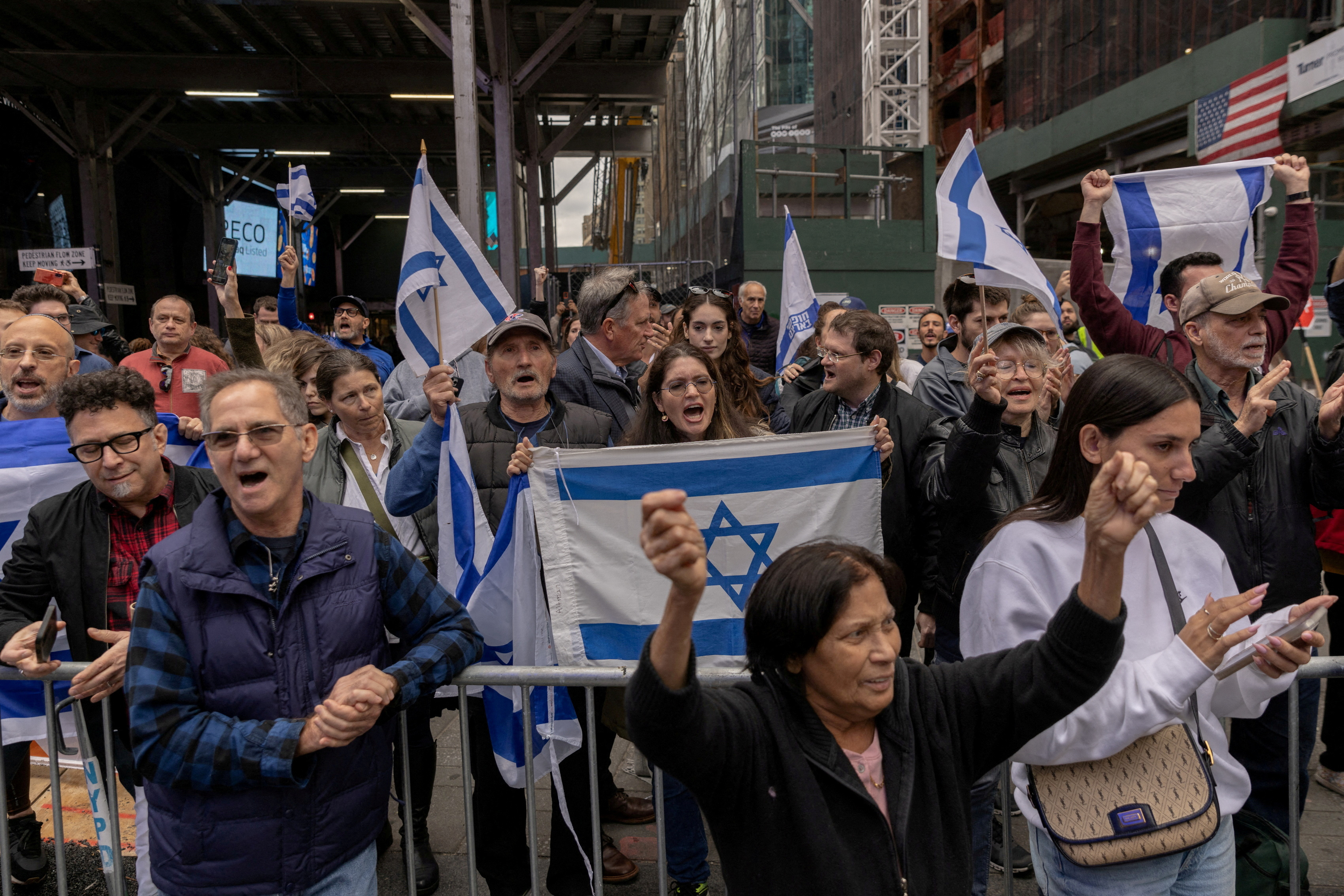 Pro-Israel demonstrators protest in Times Square on the second day of the ongoing conflict between Israel and the Palestinian militant group Hamas, in Manhattan in New York City, U.S., October 8, 2023. 
