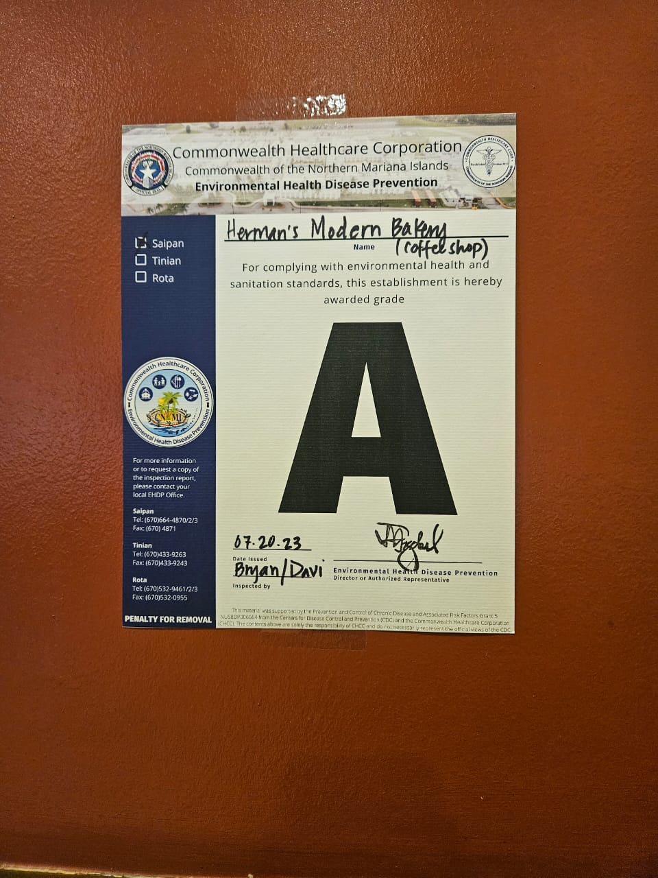 Herman's Modern Bakery's Grade A.