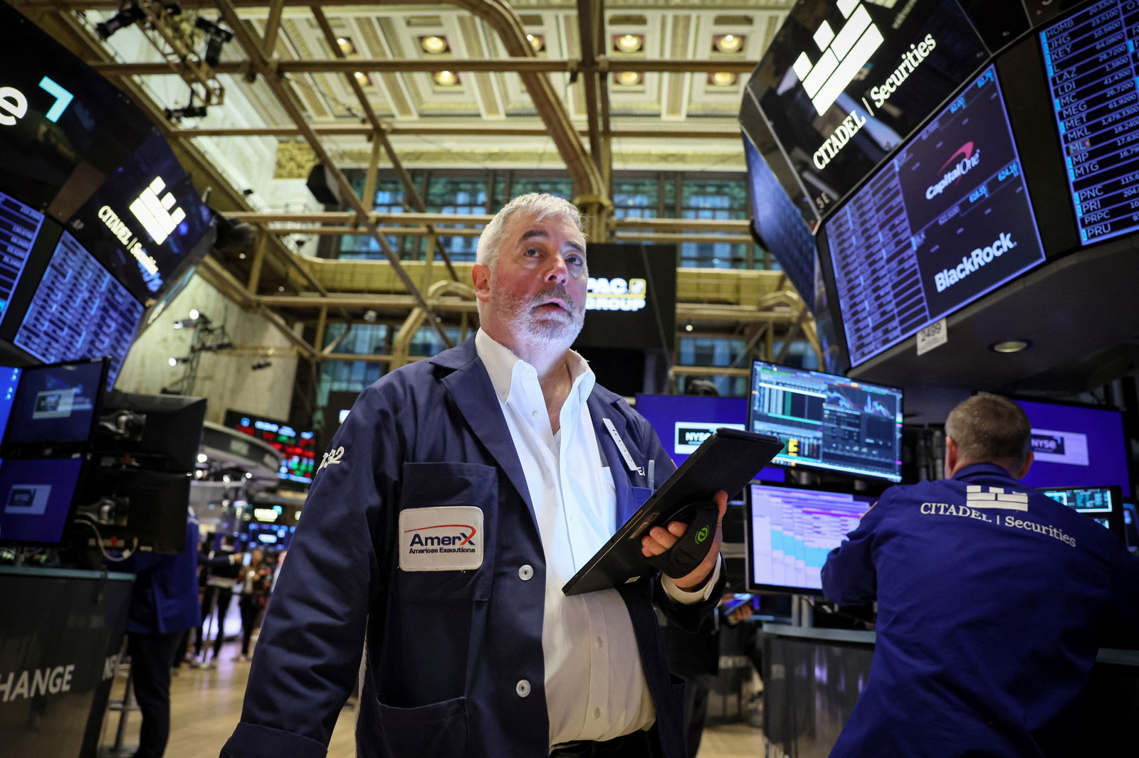Traders work on the floor of the New York Stock Exchange in New York City, Oct. 20, 2023.