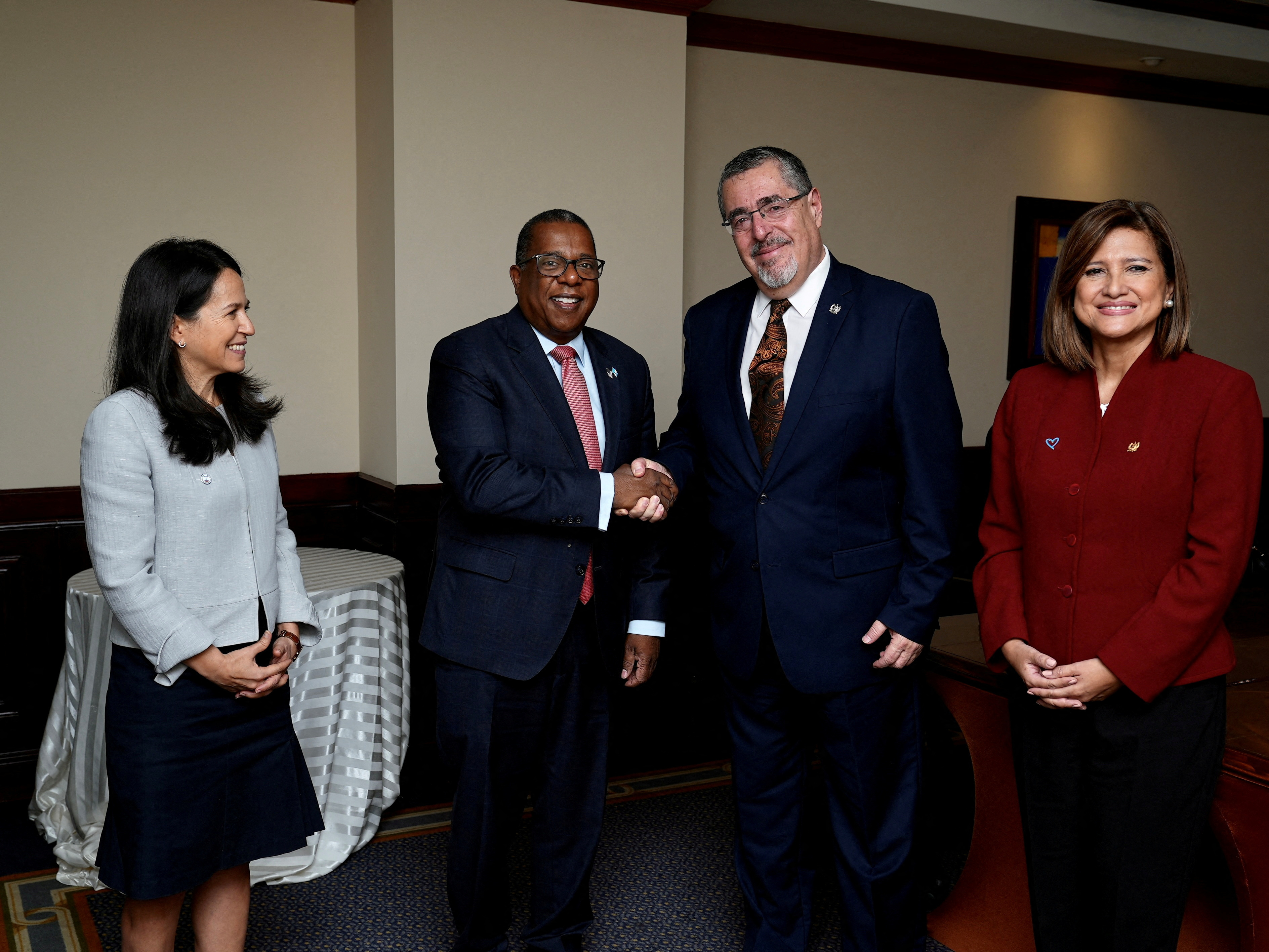 United States Assistant Secretary of State for Western Hemisphere Affairs Brian A. Nichols shakes hands with Guatemala President-elect Bernardo Arevalo, at a hotel in Guatemala City, Guatemala October 24, 2023. 