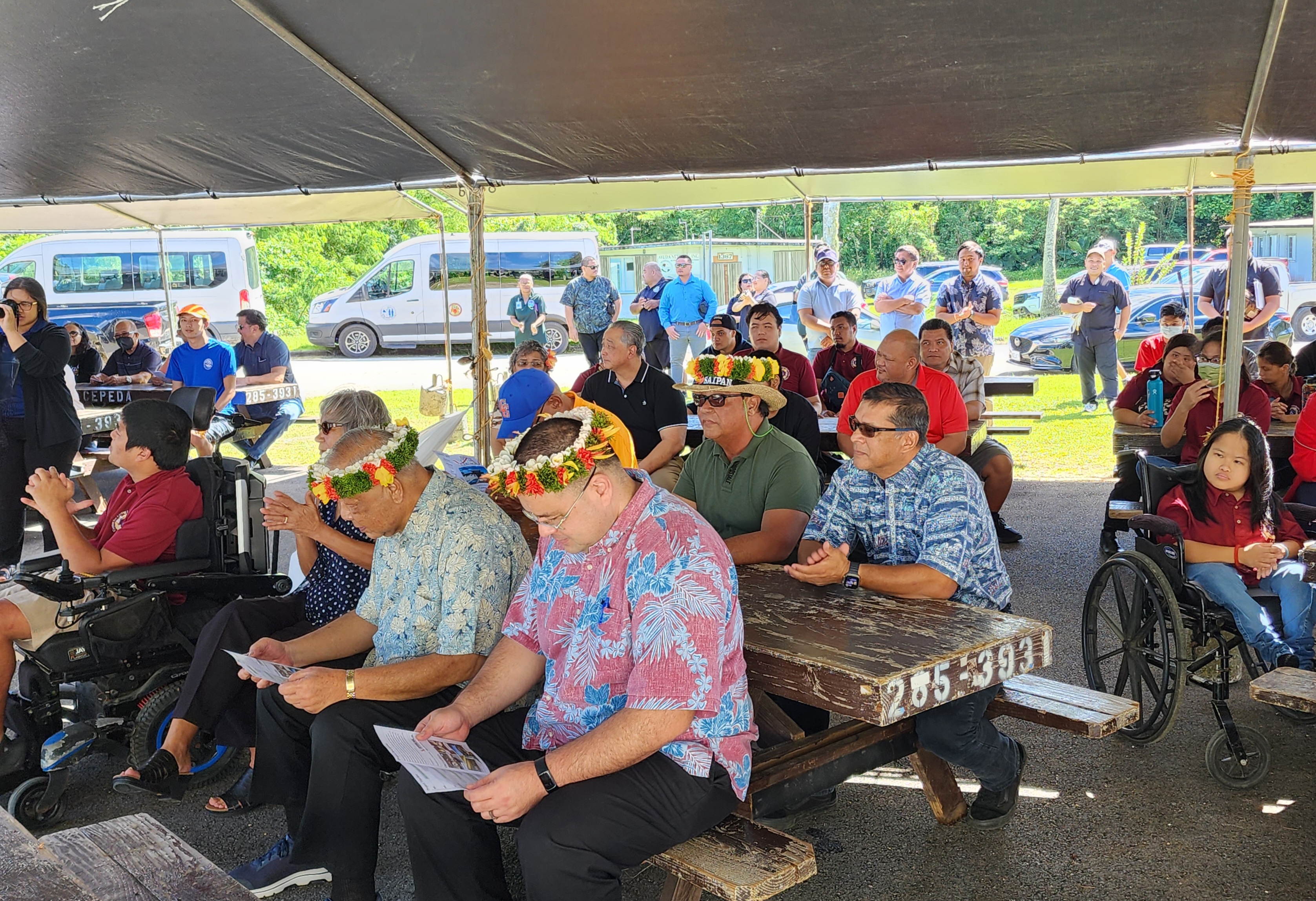 Lt. Gov. David Apatang, Speaker Edmund Villagomez, Saipan Mayor Ramon B. Camacho, and Office of Insular Affairs Field Representative Harry Blanco at the ribbon-cutting ceremony for the one-stop training center for individuals with disabilities, Friday, on Capital Hill.