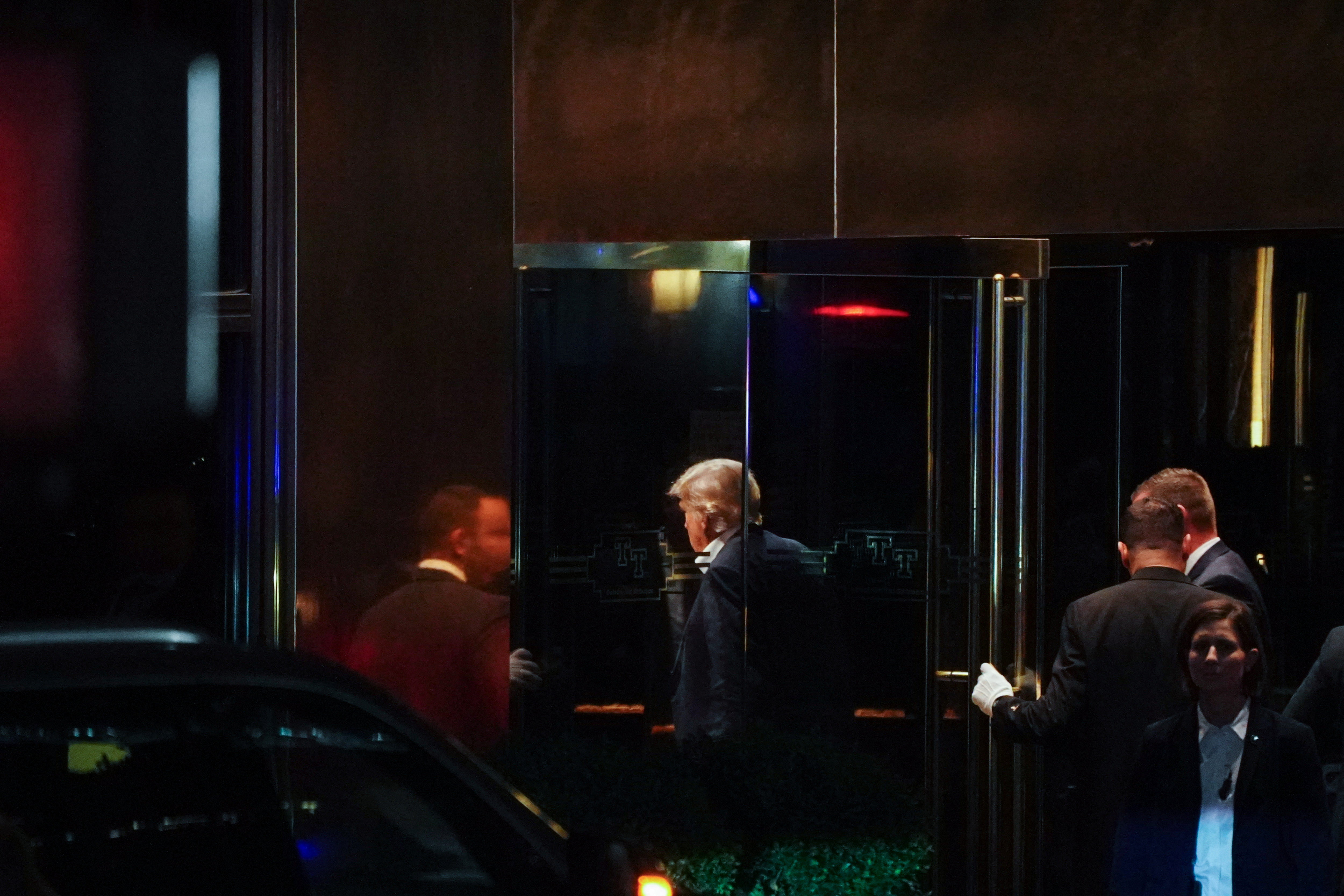 Former U.S. President Donald Trump arrives at Trump Tower, ahead of his appearance in a civil fraud trial in New York City, U.S., October 1, 2023. 