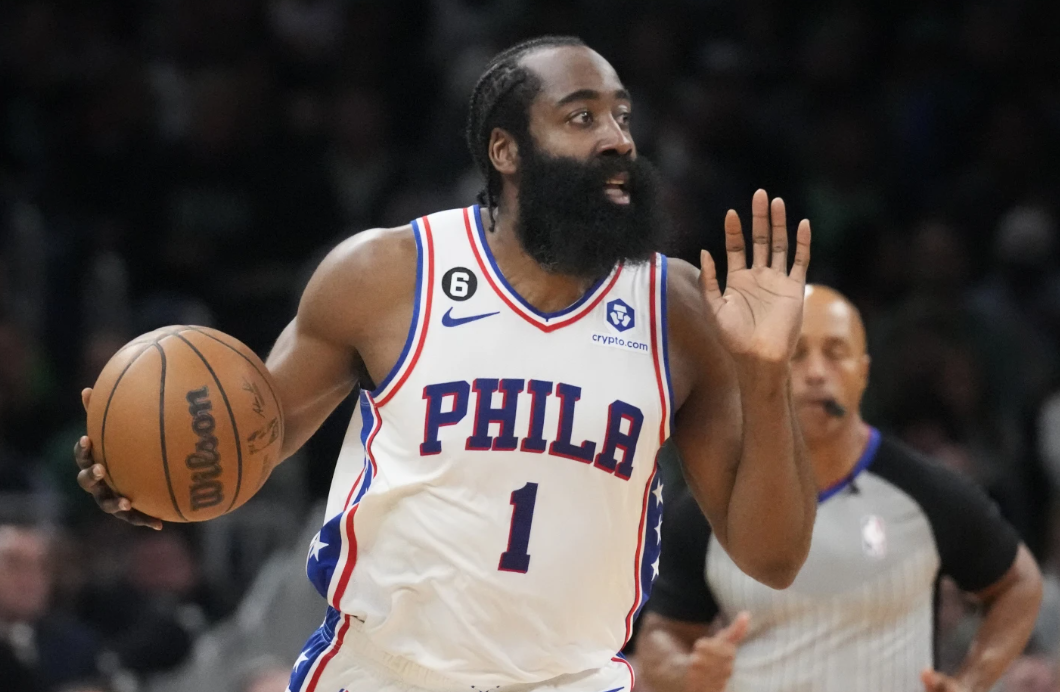 Philadelphia 76ers guard James Harden calls to teammates during the first half of Game 5 against the Boston Celtics in the NBA Eastern Conference semifinals playoff series, May 9, 2023, in Boston.