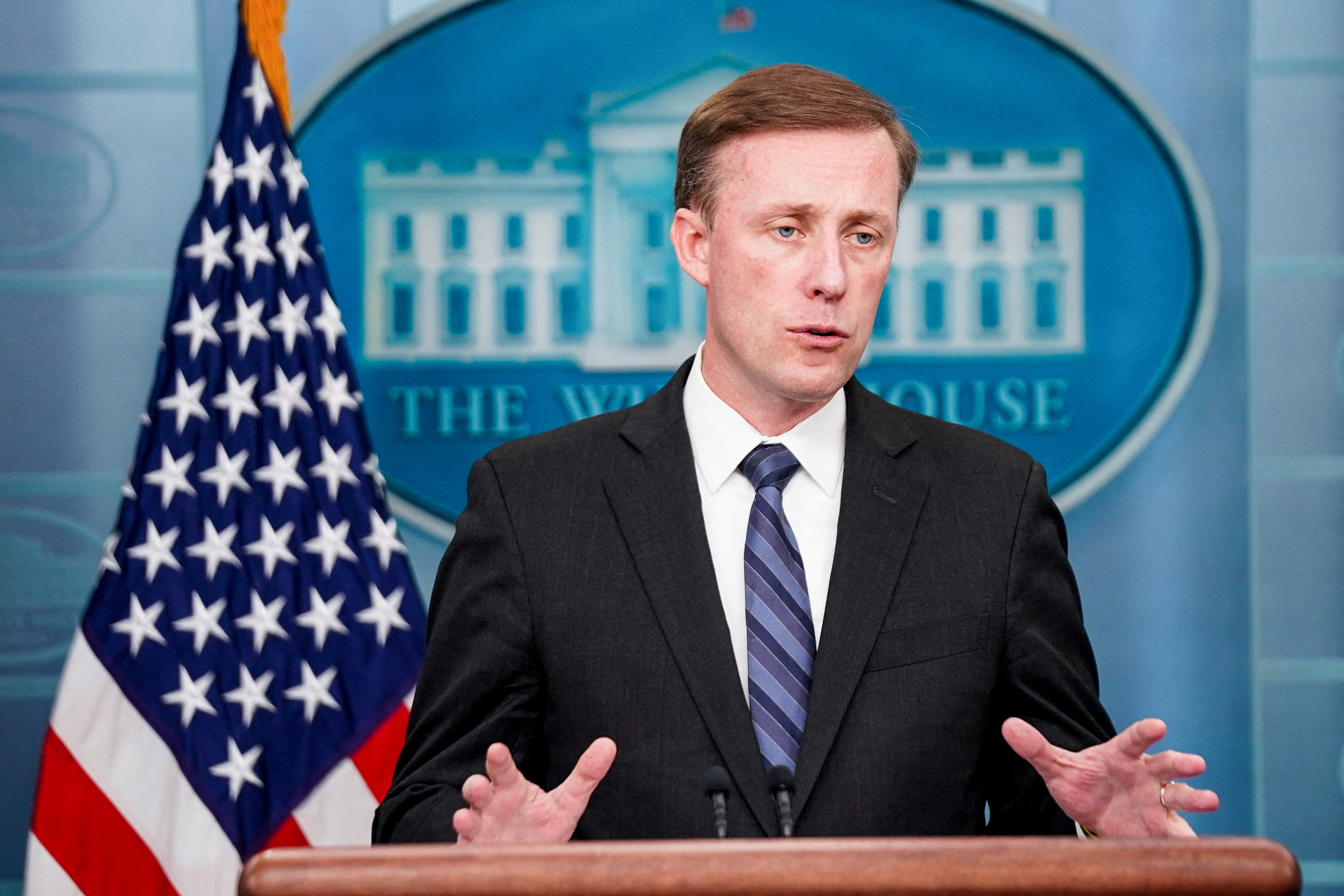White House National Security Advisor Jake Sullivan speaks during a press briefing at the White House in Washington, D.C., U.S., September 15, 2023. 