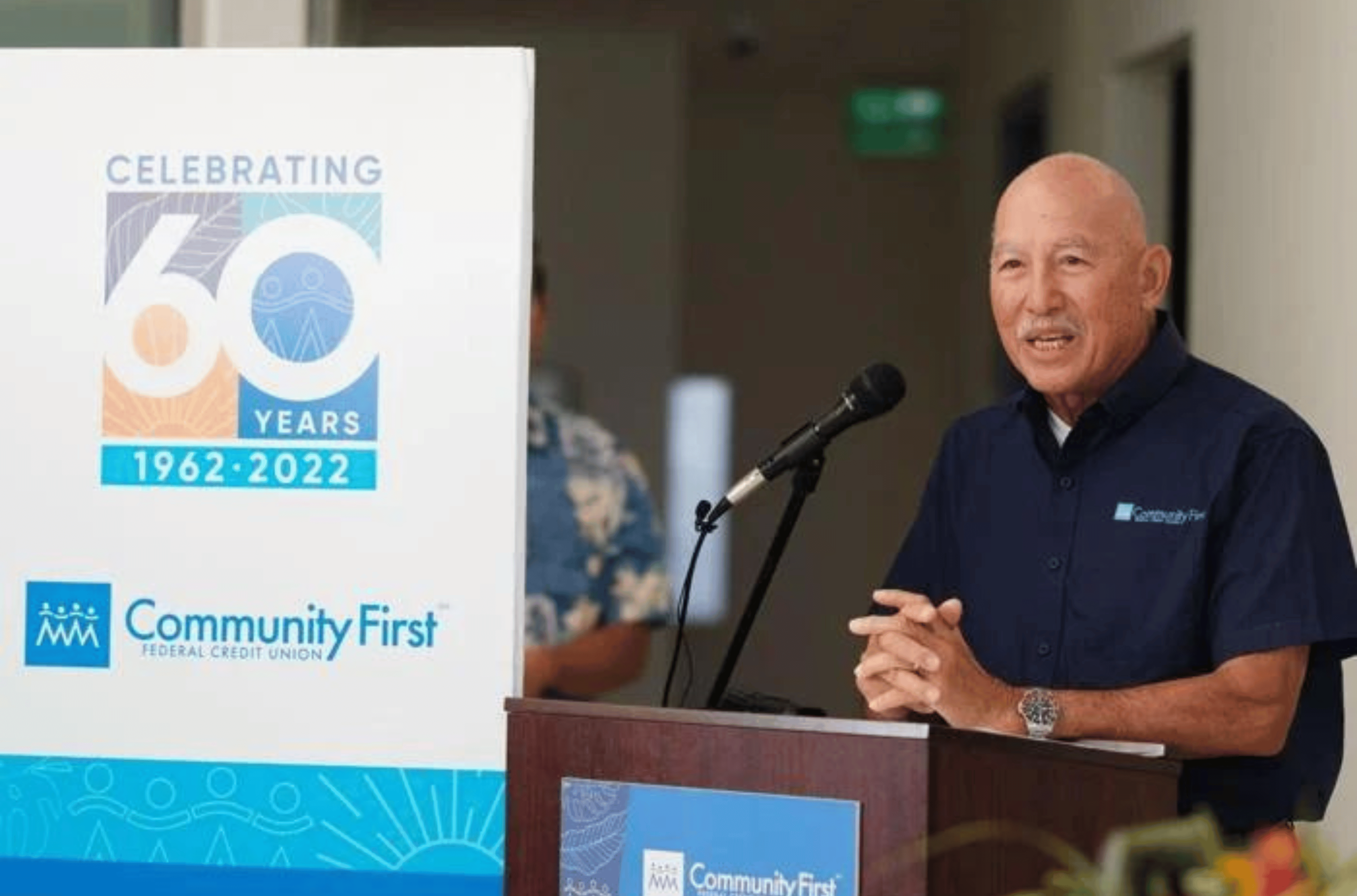 Perry Taitano, board chairman of Community First Guam Federal Credit Union, makes remarks during a ribbon-cutting ceremony for the credit union's new Hagåtña headquarters Saturday, Oct. 7, 2023.    