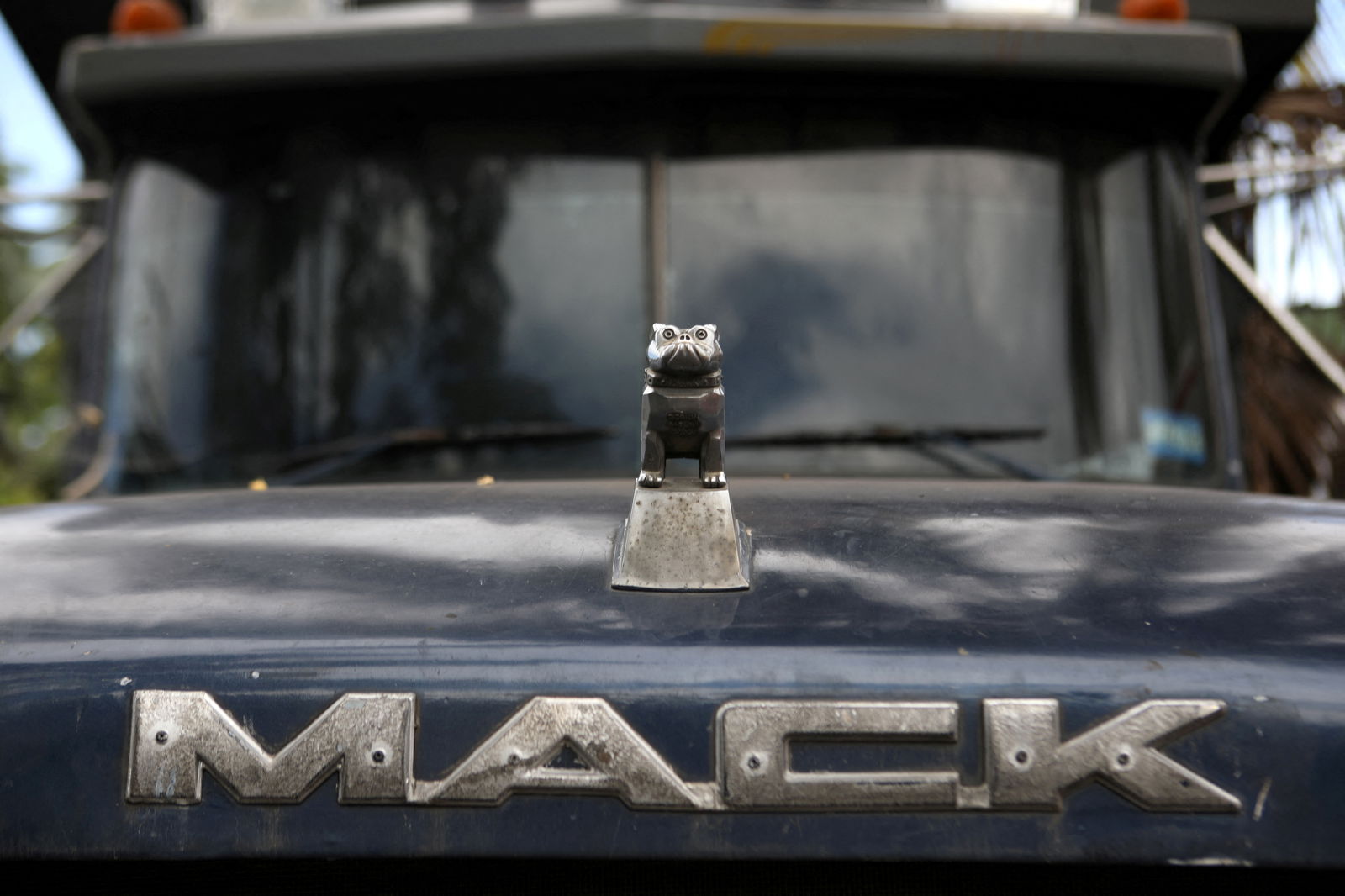 The logo of Mack Trucks is seen on a truck in a yard in Mejicanos, El Salvador, August 16, 2018. 