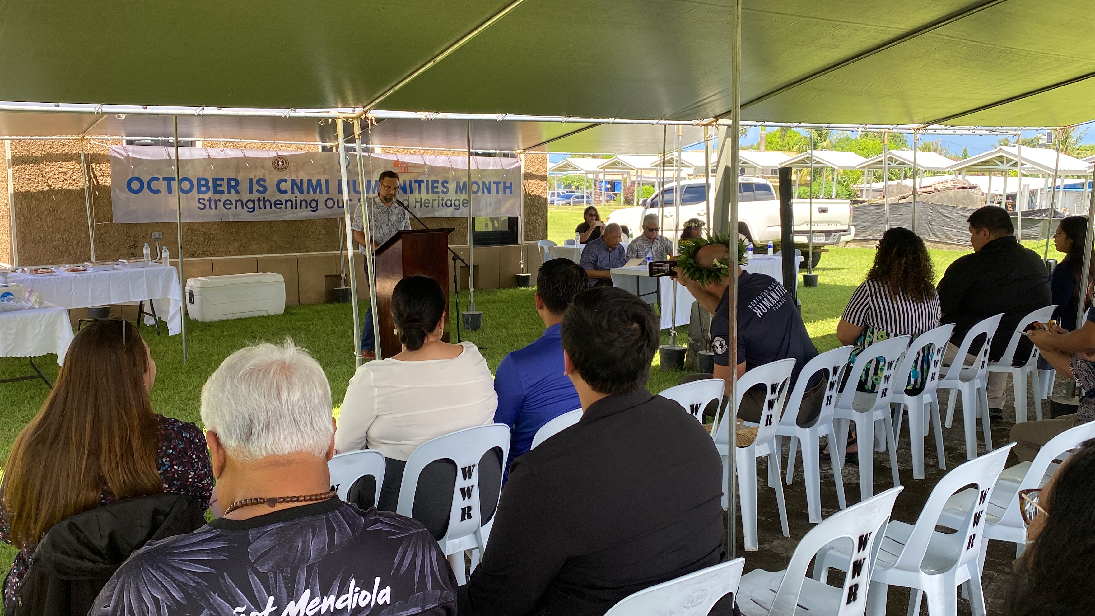 Leo Pangelinan, Humanities Council executive director, delivers his remarks at a proclamation singing from earlier this year.