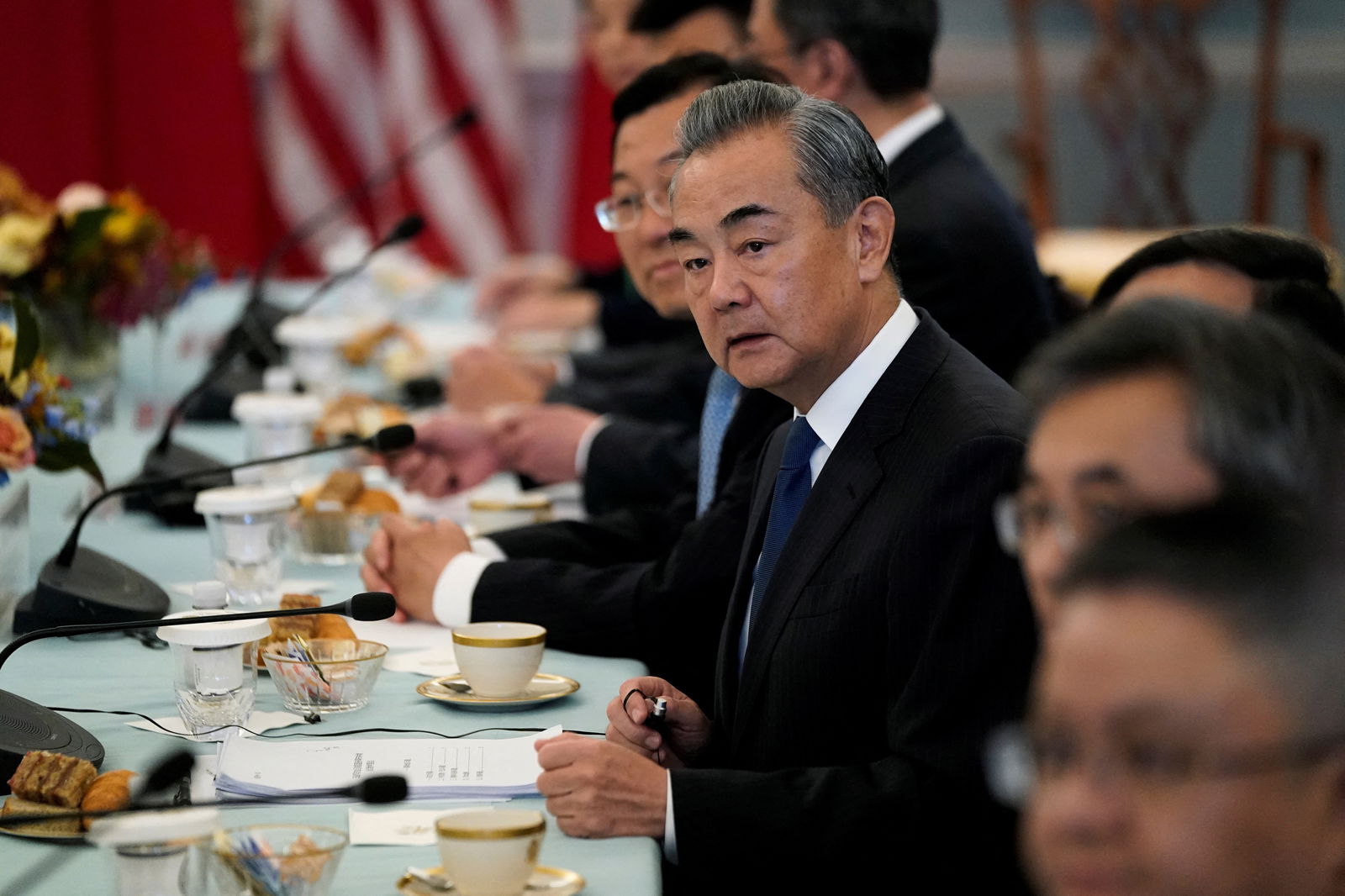 Chinese Foreign Minister Wang Yi looks on, during his meeting with U.S. Secretary of State Antony Blinken (not pictured), at the State Department in Washington, U.S., October 27, 2023. 