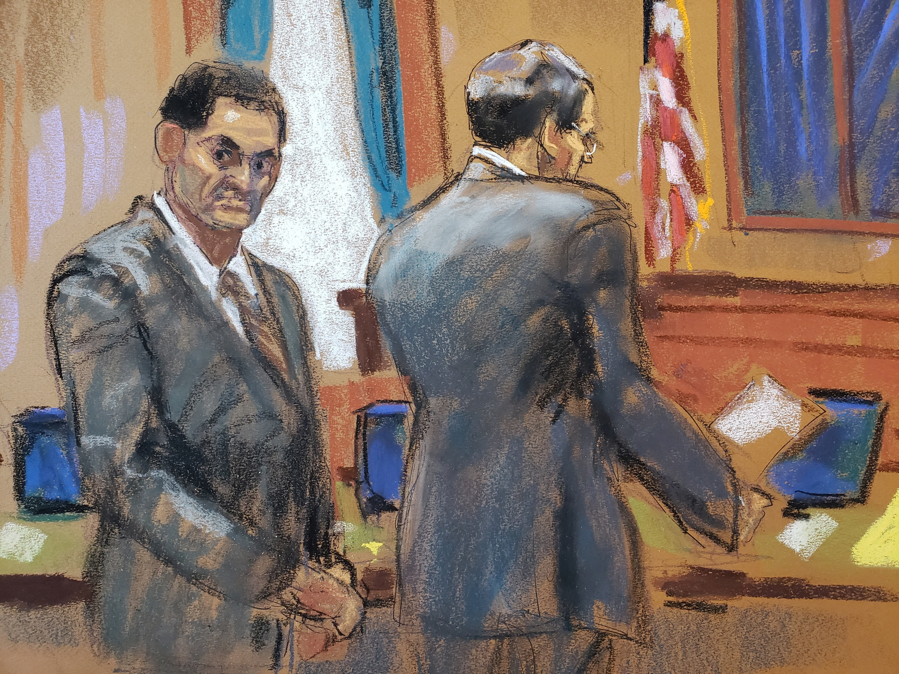 Sam Bankman-Fried stands during his fraud trial over the collapse of FTX, the bankrupt cryptocurrency exchange, at Federal Court in New York City, U.S., October 16, 2023 in this courtroom sketch. 