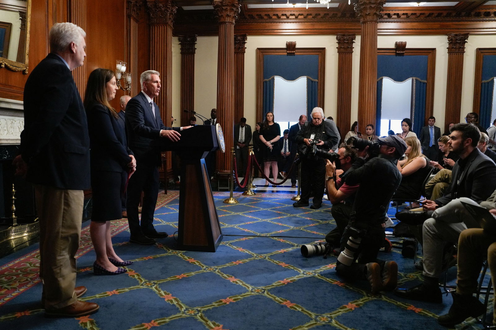 U.S. House Speaker Kevin McCarthy (R-CA) speaks to reporters in the U.S. Capitol after the House of Representatives passed a stopgap government funding bill to avert an immediate government shutdown, on Capitol Hill in Washington, U.S. September 30, 2023. REUTERS/ Ken Cedeno