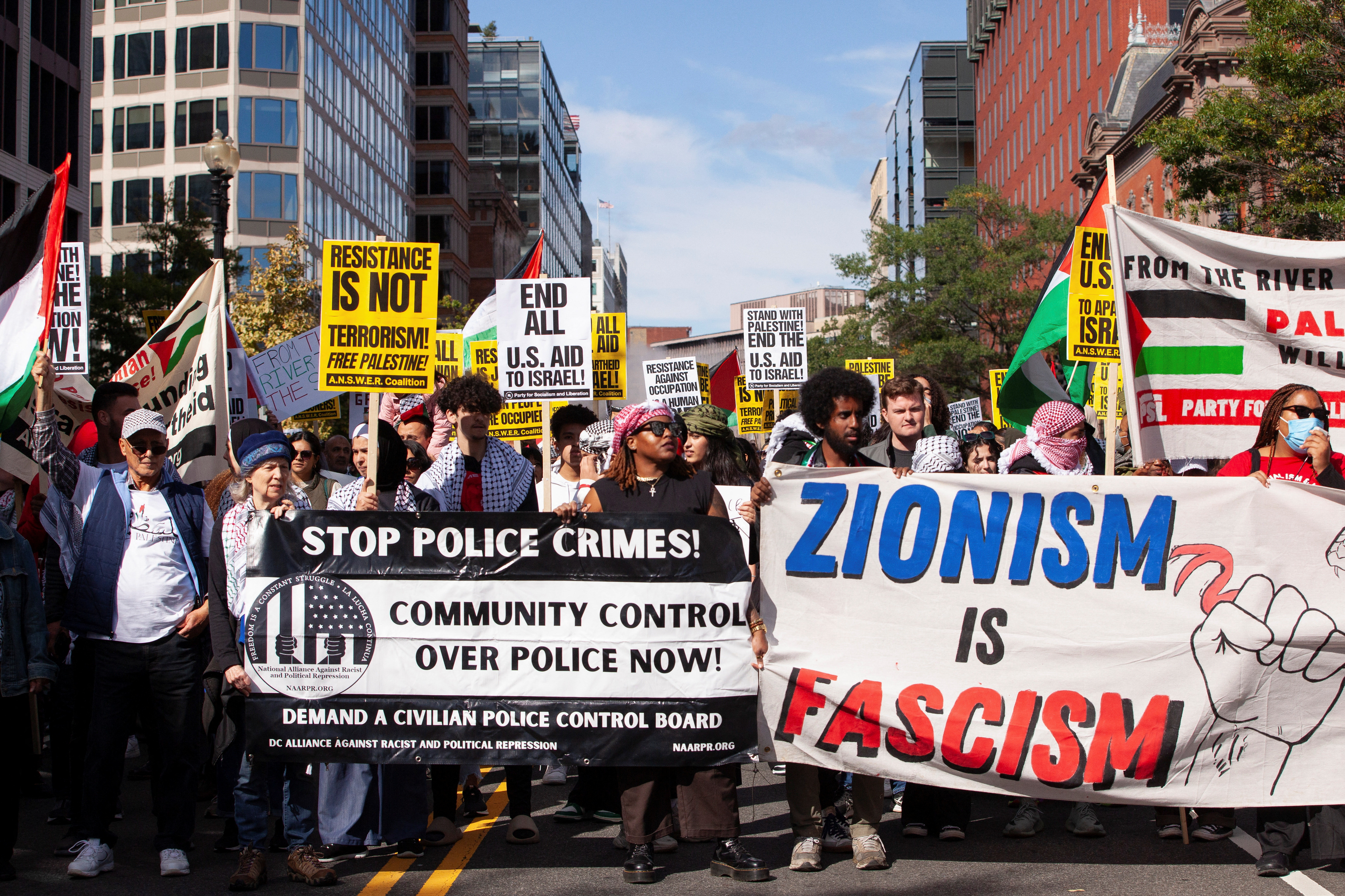 Supporters of the Palestinian people from the Palestinian Youth Movement and other groups demonstrate outside the White House about the conflict between Israel and Hamas, during a protest in Washington, U.S., October 8, 2023. 