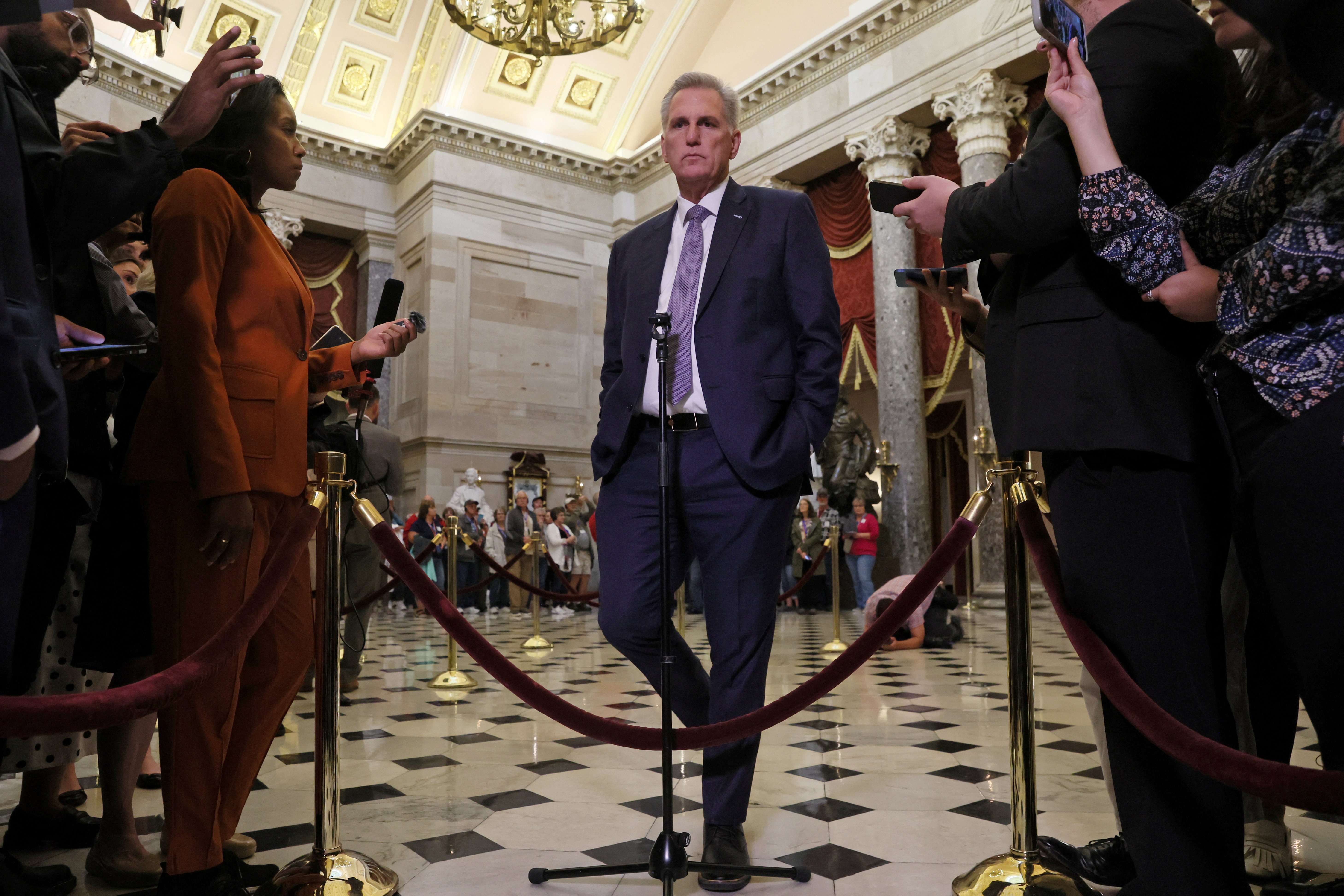 U.S. House Speaker Kevin McCarthy speaks to members of the media as the deadline to avert a government shutdown approaches on Capitol Hill in Washington, U.S., September 26, 2023. 