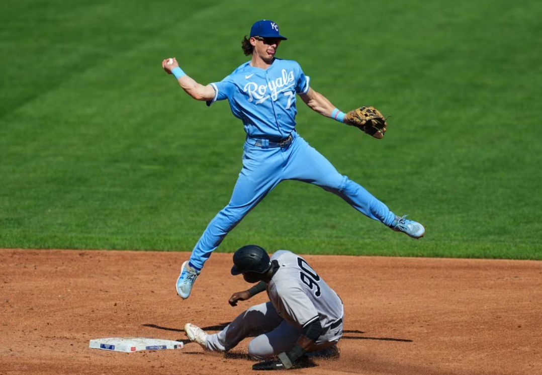Kansas City Royals shortstop Bobby Witt Jr. (7) throws to first base after forcing out New York Yankees center fielder Estevan Florial (90) during the third inning at Kauffman Stadium in Kansas City, Missouri, Oct. 1, 2023.