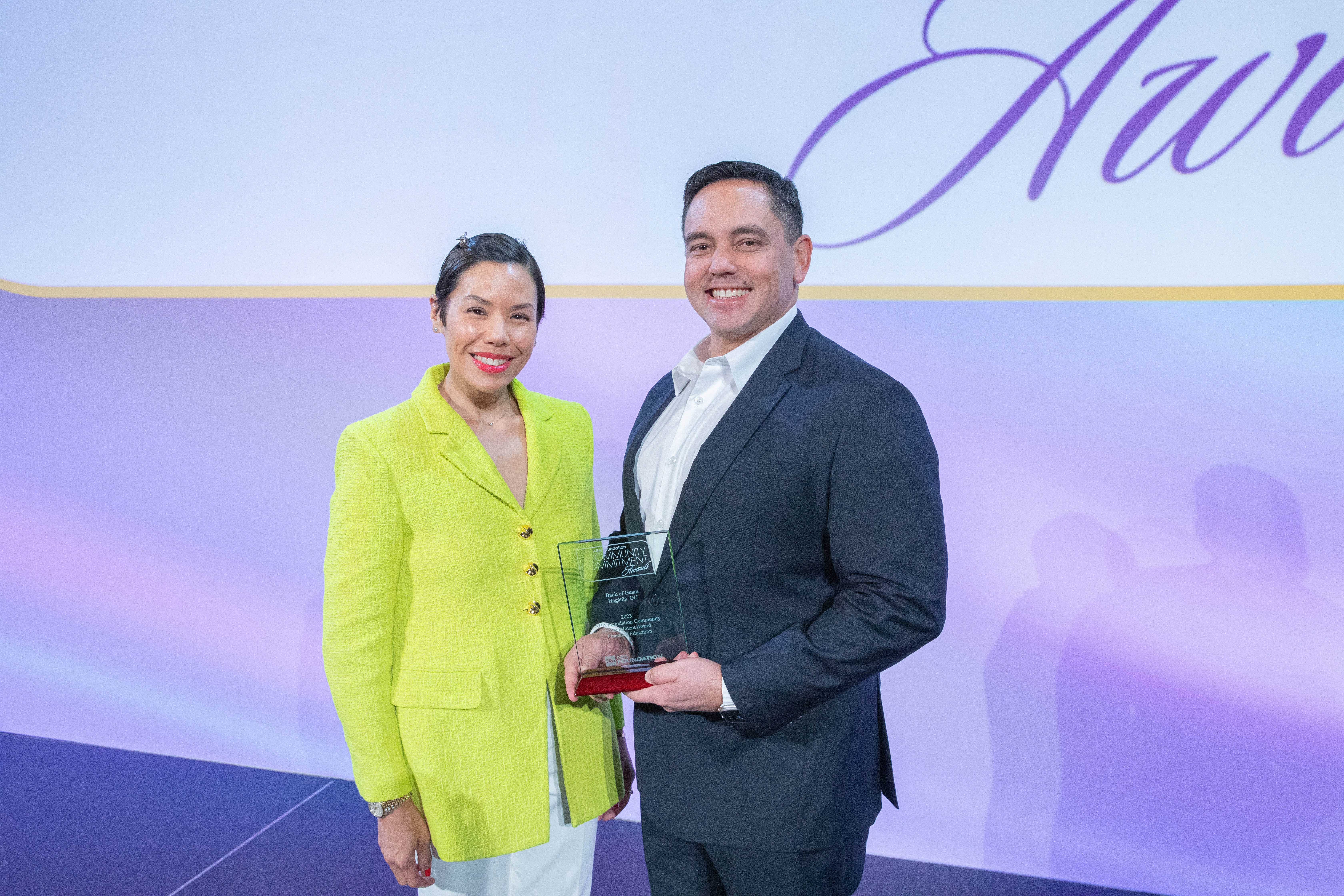 From left, Lesley-Anne Leon Guerrero, Bank of Guam senior vice president and chief experience officer, and Joaquin P. L.G. Cook, bank president and chief executive officer accept the American Banking Association’s Community Commitment Award in recognition of Bank of Guam’s Financial Empowerment Program. Bank of Guam was one of seven banks honored at the 2023 ABA Annual Conference held early this month in Nashville, Tennessee. The ABA Foundation’s Community Commitment Awards showcase and recognize banks’ extraordinary acts of service to support the people in their communities and grow their local economy.