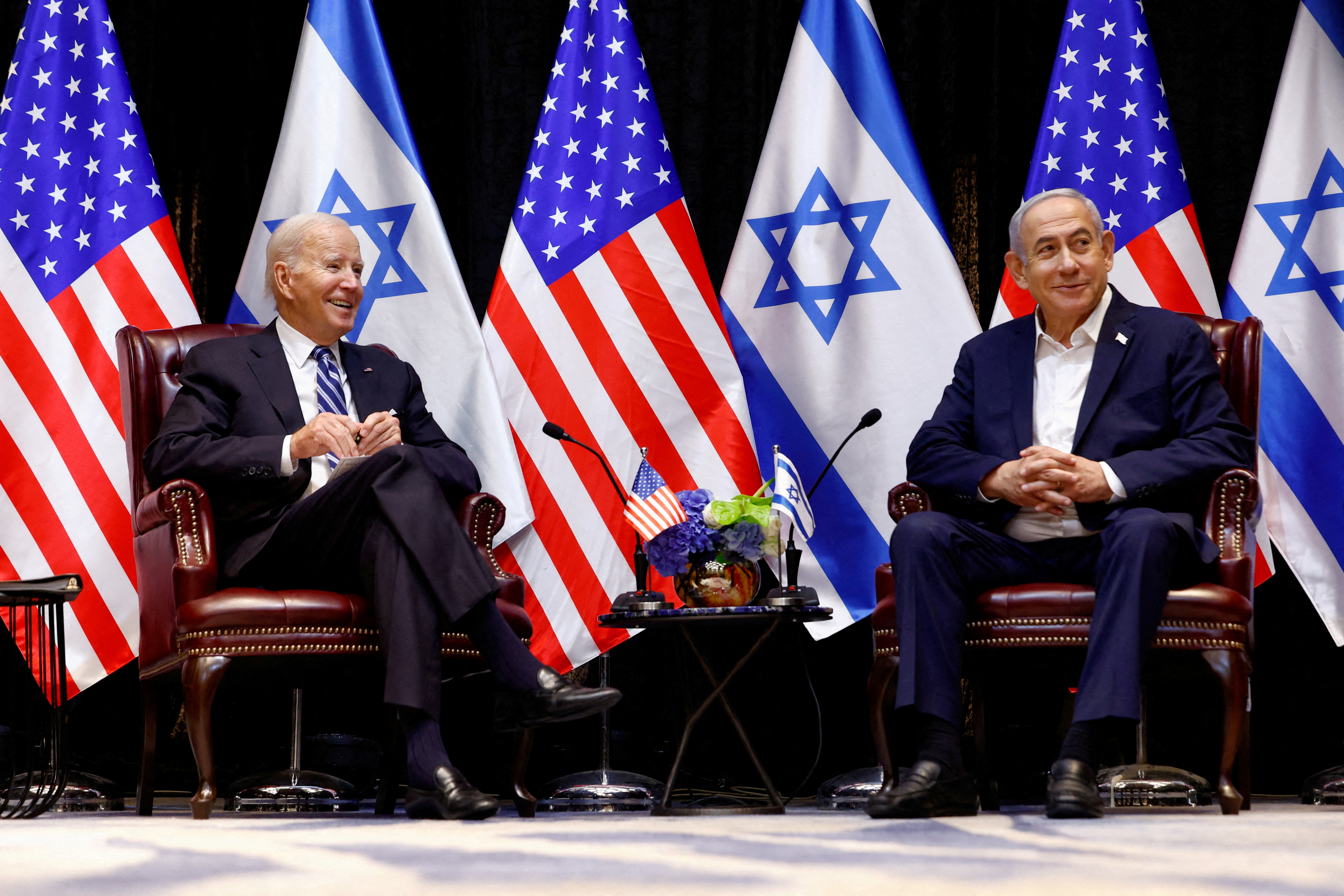 U.S. President Joe Biden has demonstrated unwavering support for Israel's security over a half century in public life. In this photo, Biden meets with Israeli Prime Minister Benjamin Netanyahu and the Israeli war cabinet, as he visits Israel amid the ongoing conflict between Israel and Hamas, in Tel Aviv, Israel, October 18, 2023. 